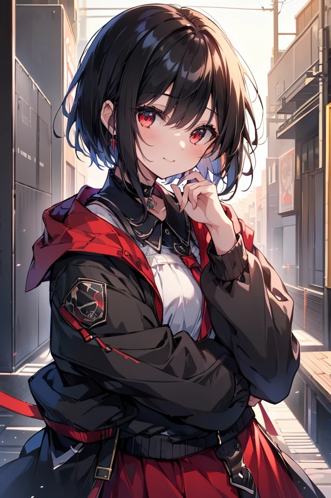 (masterpiece, highest quality, highest quality, (No text), Beautiful and aesthetic:1.2),No text,アニメ、BREAK,One Girl,Black Hair Girl short hair older sister choker Tree Eyes Beautiful eyes Red eyes cool smile Red and Black Black jacket mini skirt whole body In town