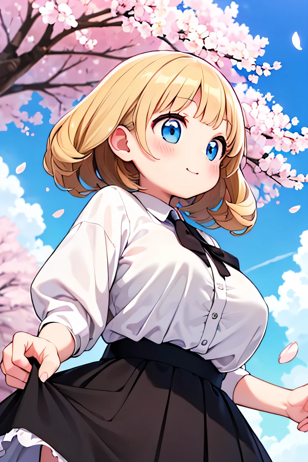 best quality、high resolution、(high image quality:1.3)、masterpiece、detailed background、Highly Detailed Face、detailed eyes、age beauty、huge breasts、Normal number of fingers、anatomically correct、The freshness and fluffy atmosphere of spring、A natural atmosphere where you feel the warmth of spring、 Calm and gentle expression 、The warm spring sun shines in the early afternoon、big smiles、
(A person looking up from below and cherry blossoms in full bloom、Reflecting a clear blue sky:1.5)、(Fluttering petals adorn the screen:1.5)、
Softly stroking the cheeks under a cherry tree in full bloom、When you look up gently, pale pink cherry blossoms spread softly on a canvas with a clear blue sky、The falling petals slowly drift through the sky and the soft light illuminates the cheeks、A moment that blends into the calm and gentle air while being wrapped in the scent of spring、
A pale pastel dress or fluffy blouse and skirt、The hair curls loosely Put it together Give a soft impression、cute