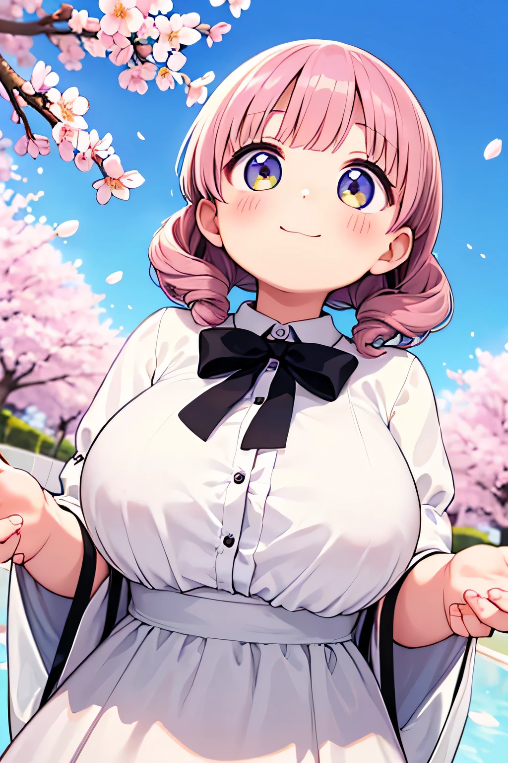 best quality、high resolution、(high image quality:1.3)、masterpiece、detailed background、Highly Detailed Face、detailed eyes、age beauty、huge breasts、Normal number of fingers、anatomically correct、The freshness and fluffy atmosphere of spring、A natural atmosphere where you feel the warmth of spring、 Calm and gentle expression 、The warm spring sun shines in the early afternoon、big smiles、

(A person looking up from below and cherry blossoms in full bloom、Reflecting a clear blue sky:1.5)、(Fluttering petals adorn the screen:1.5)、

Softly stroking the cheeks under a cherry tree in full bloom、When you look up gently, pale pink cherry blossoms spread softly on a canvas with a clear blue sky、The falling petals slowly drift through the sky and the soft light illuminates the cheeks、A moment that blends into the calm and gentle air while being wrapped in the scent of spring、
A pale pastel dress or fluffy blouse and skirt、The hair curls loosely Put it together Give a soft impression、cute
