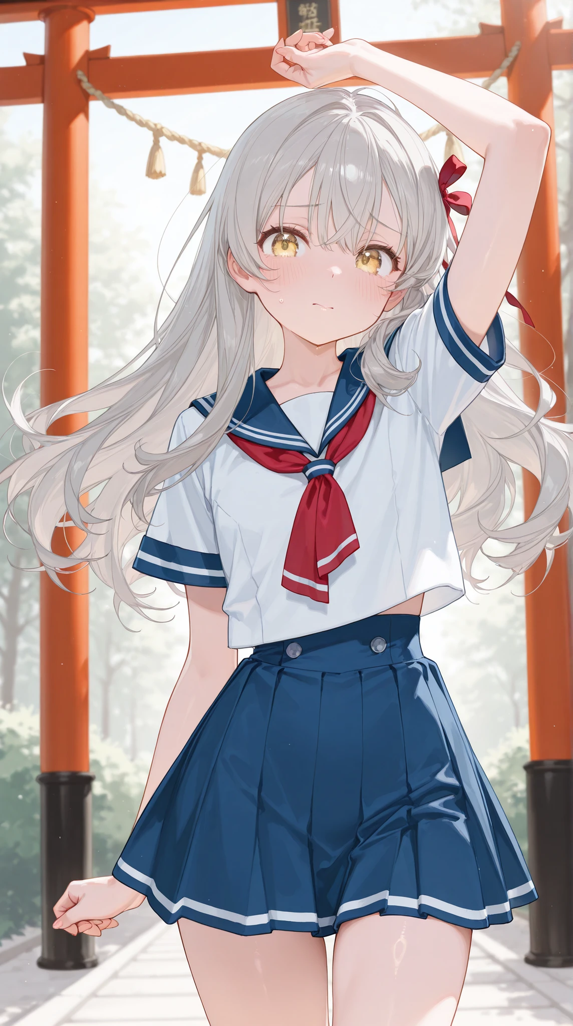 8k (high resolution) (Super Detail) (masterpiece) (best quality) detailed eyes detailed face detailed hands Delicate hair detailed wrinkles on clothes very elaborate body fine skin Healthy skin tone solo s (has a young face) yellow eyes Grey long hair red ribbon on the side of the head ( small ) flushed cheeks Embarrassing Expressions sailor suit navy blue miniskirt ribbon ties Raise your right arm up Under the torii gate see here composition from an oblique bottom