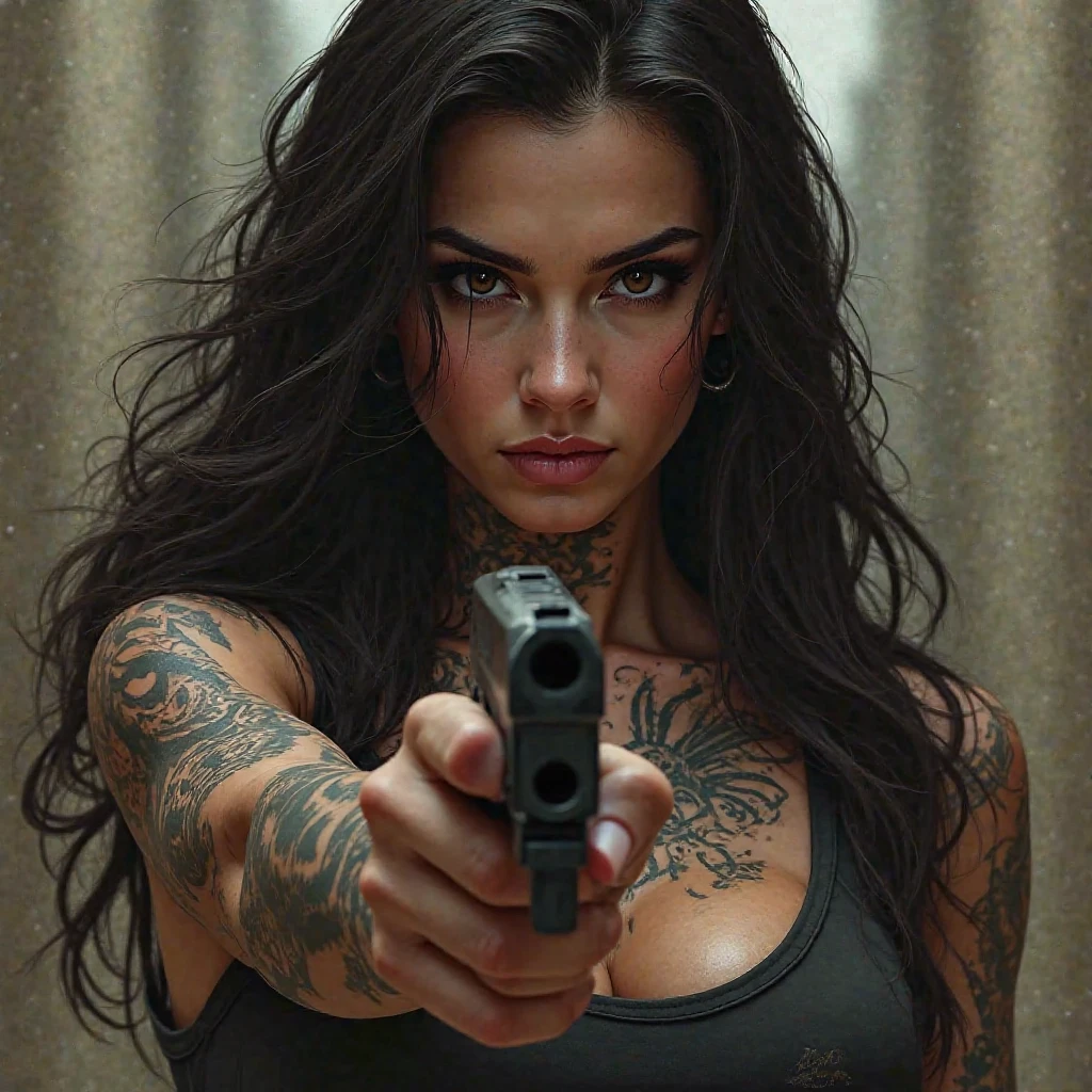 tatuados,Very beautiful big breasts、sit(Two guns in each hand)(Very large bust),(Back tattoo、Many tattoos on both arms and neck)、 (Edinburgh at night(Scotland) - Castles and medieval towns),Candlelight only,Very detailed, 18-year-old, A beautiful woman,Depressed face, Black Hair,Wavy Hair, blue eyes, High resolution, masterpiece, Highest quality, Intricate details, Very detailed, Clear focus, Delicate skin, practical skin texture, texture, Delicate eyes, Professional, 8k, Sad face,despair、 Shot with Canon, 85mm, Shallow and deep, Kodak Vision Color, Exactly, Very detailed, photograph_\(Extremist\), photographpractical, practical, Post-processing, Maximum details, Roughness, Real Life, Extremist practical, Photorealism, photographgraphy, 8k ウルトラ HD, photographgraphy