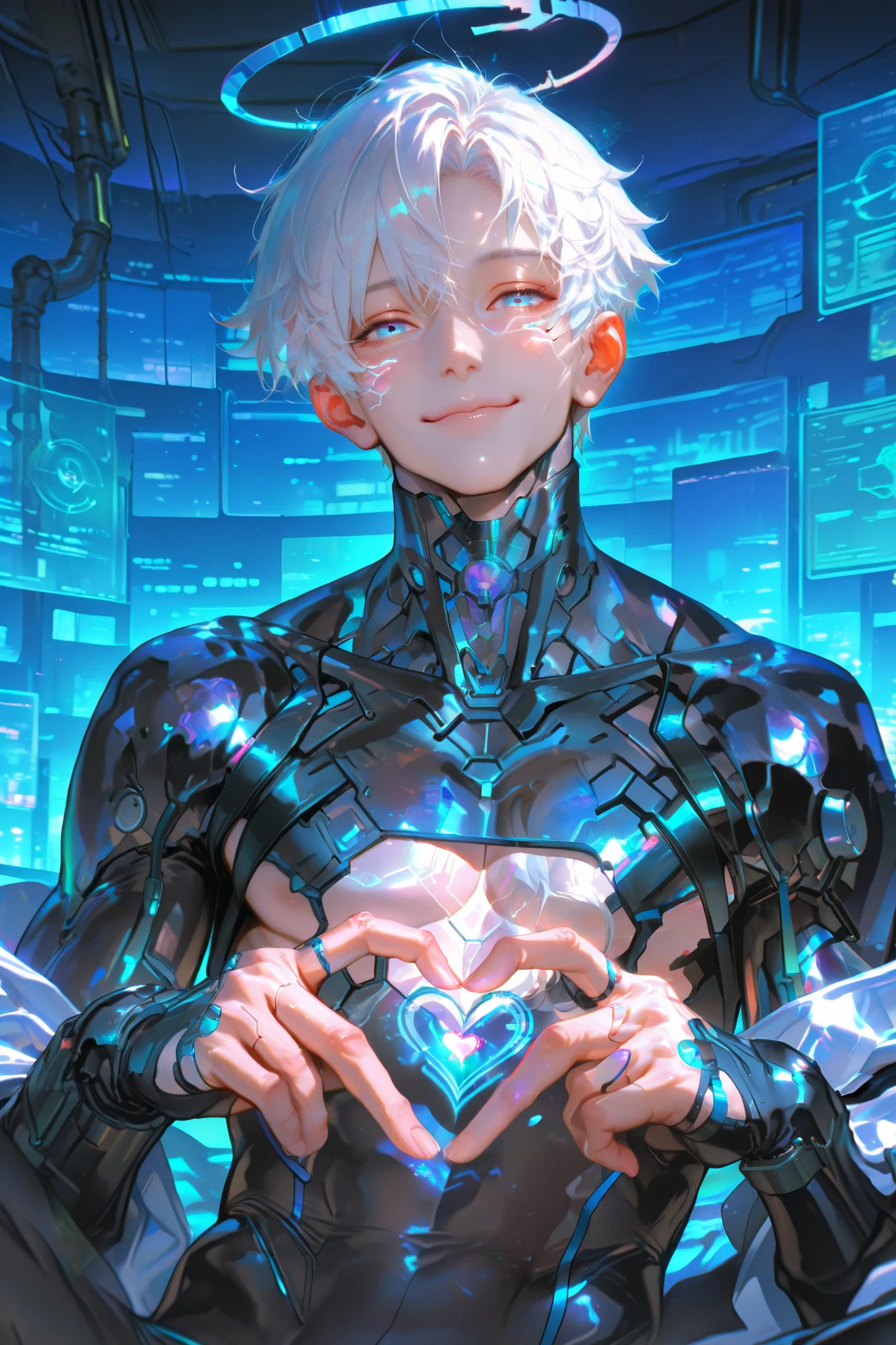 masterpiece, best quality, (Detailed Eyes: 1.2), boy, shortcut white hair, blue eye, semi realistic, toned, blue neon accessories, black cyber bodysuit, smile, solo charactor, cyberpunk background, hologram, hologram blue halo, looking at viewer, no nipple, hand heart