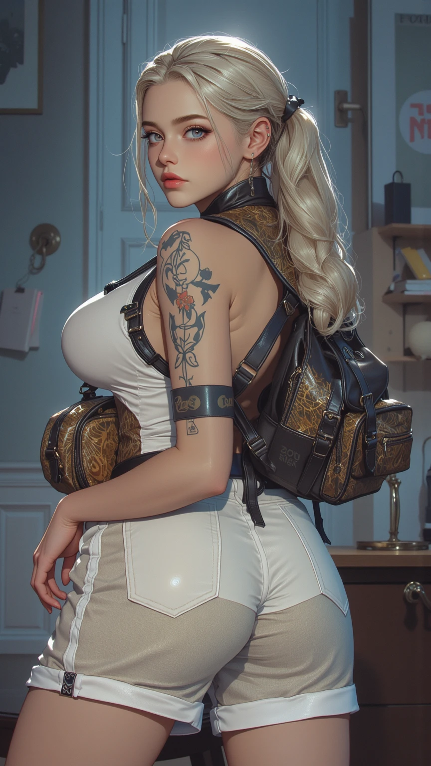 ((Perfect Masterpiece, Best resolution, extremely detailed CG unity 8k UHD QUALITY RESOLUTION WALLPAPER, AWARD-WINNING IMAGE, OFFICIAL ART, PHOTOREALISTIC)), (1girl), ((Trendy demon Girl, oni horns)), long platinum white Hair, necro Halo, Horn, ((vibrant red eyes, long detailed eyelashes, blushing, sexy seductive slutty facial expression, tons of tattoos and piercings)), Bangs, super huge enormously gigantic tits, cleavage showing, gigantic tits bursting out of her shirt, (curvy, thick thighs), bending over arching her back, looking back at the viewer, her butt facing the viewer, nice big ass, close up pov camera view from below, Slim, Colorful Hair Color, Trendy Harajuku-inspired hip hop clothing, white panties showing, in her bedroom, post apocalyptic gothic bedroom background
