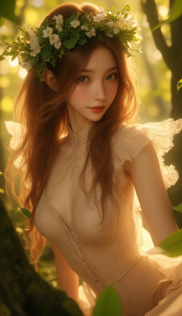 (masterpiece), best quality, expressive eyes, perfect face, Mature elf lying among leaves, red wavy hair, Wearing transparent silk clothes, plump figure, Exquisite facial features, Realistic picture quality, A Nordic woman about 18 years old, Surrealism，Smile