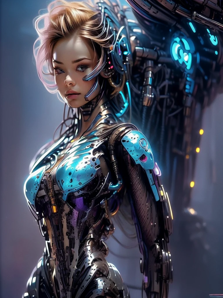 A futuristic steampunk girl, detailed face, beautiful eyes, longeyelashes, detailed lips, intricate cybernetic enhancements, planetary colony, alien civilizations, futuristic city, advertising holograms, cyborgs, cinematic lighting, moody colors, dramatic shadows, ultra-detailed, 8k, photorealistic, masterpiece