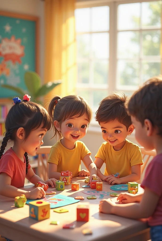 Create a cheerful and inviting scene featuring real-life indian children engaged in a learning adventure with the Kibow Phonics characters. The children, aged 4-6, are interacting with colorful, animated characters that appear to be guiding them through activities like reading books, playing with letters, and solving puzzles. The setting is a bright, playful classroom filled with educational tools like books, letter blocks, and colorful posters. The mood is lively and fun, capturing the joy of learning with friendly characters who seem to come to life in this interactive environment. use colours #F24B6A, #2B65D9, #5CC8F2, #F2CF1D, #F2B885