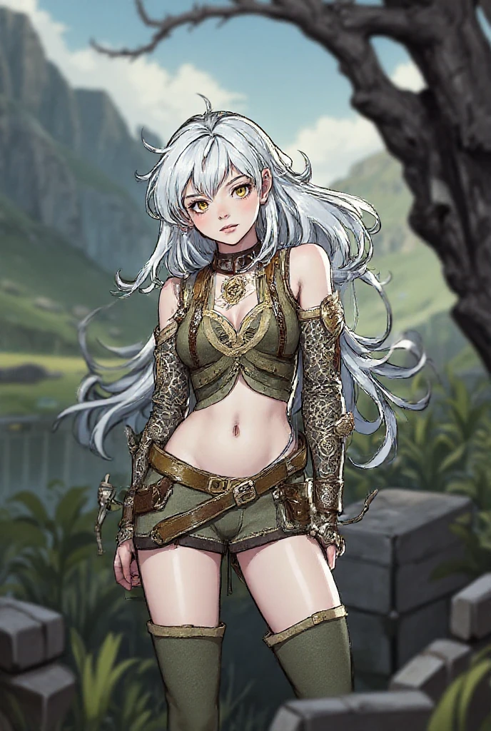 Illustration of ((very busty gigantic breasts)), huge breasts, scantly clad female knight, long flowing white hair, mature woman, milf, wearing black leather body straps harness tightening up. Micro thong, masterpiece, sketch, soft watercolour painting, ancient ruins, moss, nature, shallow water, looking at viewer teasing you with her breasts, anime, detailed face, detailed eyes