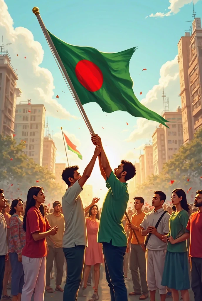 many typical bengali tortured bloody shiny teenage boys flying in the black sky
They hold upper part of bangladeshi flag