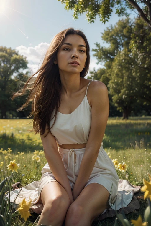 generate a 21 year old young woman with dark brown hair sitting in a field of wheat. the wind blowing her hair behind, make a picture for a perfume