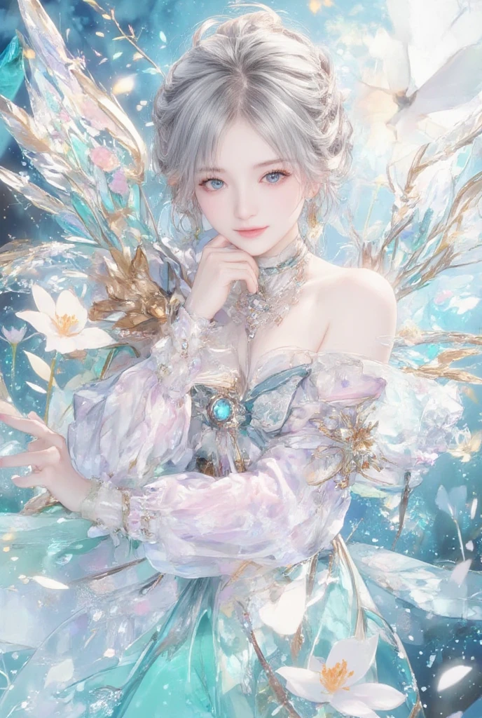There is a doll，There is a blue skirt and a white skirt, space flower Fairy, astral Fairy, Elf, ethereal fantasy, ethereal!!!!!!!, Fairy, There are frozen flowers around her, 美麗的Fairy, water Fairy, beautiful Fairy, of ethereal fantasy, 微笑如Immortal King, Hungry Ghost Festival, ethereal wings, Immortal King