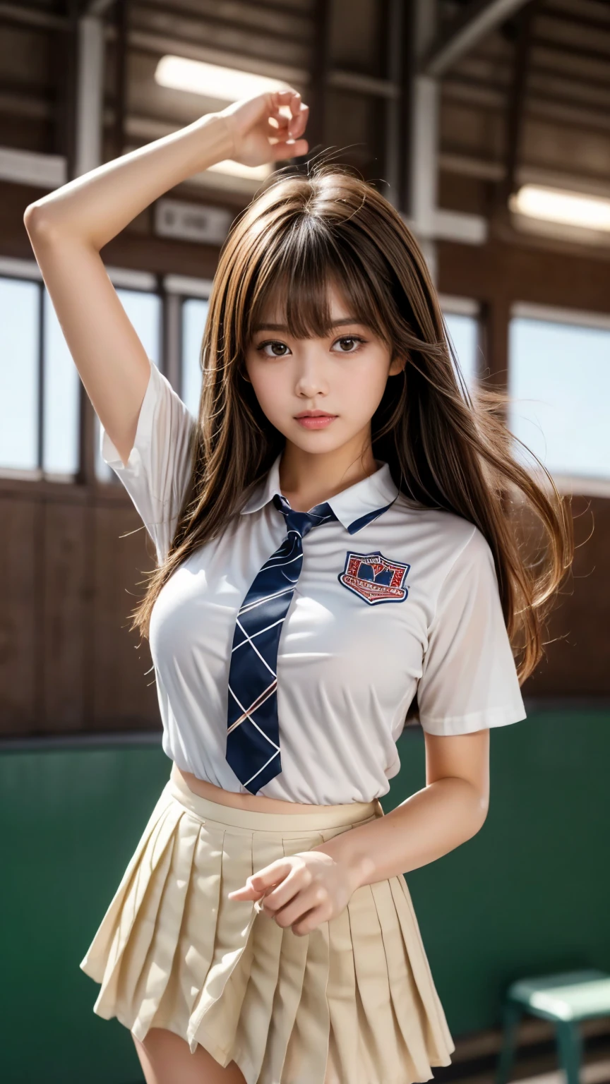 Highest quality, 16K high resolution, super detailed, masterpiece, Capture directly, reality:1.4, surreal:1.4, Sharp focus, very delicate and beautiful, small detail, 1 female, (Asia:1.2), (Blonde), (spread) your leg:1.3), (no underwear:1.3), (NSFW:1.1), (sit down and pee in the stadium), (supper beautifull), (Nice face:1.5), (Hair tied in 2 ponytails, wear socks), (detailed face), (beautiful and beautiful eyes), Perfect round eyes, (detailed lips), Lipstick, (eye liner), mascara, eye shadow, (váy bút chì see-through white shirt), see-through white shirt, red plaid vest, tie, school uniforms, At NSFW, big breasts, pink nipples, The girl inserted her hand into her vagina, girl touching her chest, sit down and pee in the stadium, do not wear underwear, pink vagina
