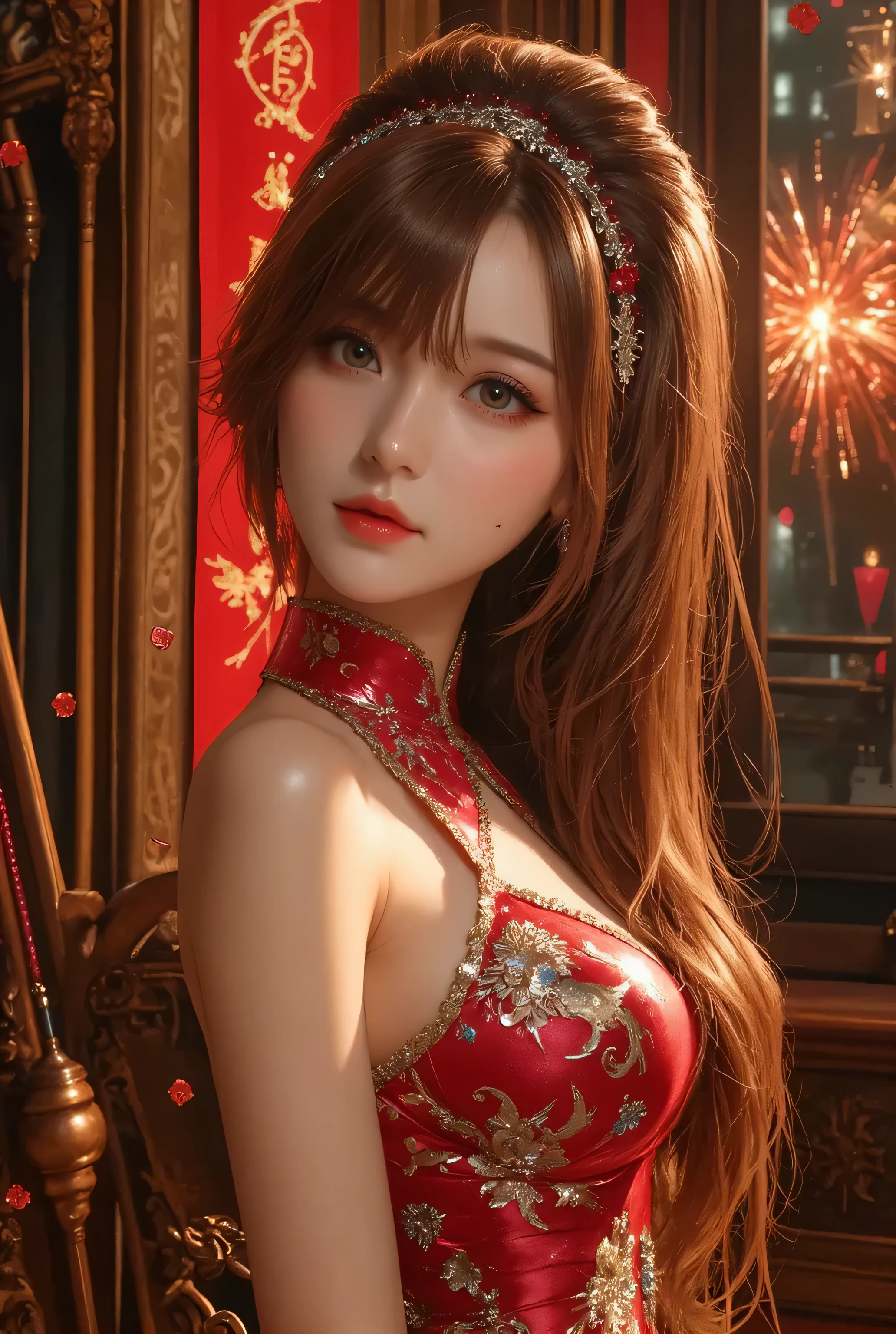 Cat ears、 face up, attractive, pretty girl, ponytail、few beautiful lady hair decorations, (( fine facial features , eroticism)), dramatic lighting , realistic , 8k, Dramatic Shadows , intricate and elaborate patterns , super detailed photo , chiaroscuro lighting , Pleasant colors , deep contrast , super real 、 pink lipstick、 warm room、Vintage Fireplace 、 cinematic composition、Close-up of face, pretty half part transparent open shoulder loose outfits dress, tang style, A beautiful Korean idol wearing a one piece red-green-blue-black-silver-gold tightly cheongsam with phoenix and intricate floral golden embroidery, golden and silver outline on dress, shining gems and jewelry, standing gracefully in a room filled with traditional Chinese New Year decorations. The room features vibrant red lanterns, decorative calligraphy scrolls, a small Chinese orange tree with golden ornaments, and several red envelopes scattered across the floor and hanging from the tree. Adorable, playful cats are part of the scene—some sitting near the tree, others curiously pawing at the red envelopes or lounging around. Through a window or an open door in the background, vibrant Chinese fireworks light up the night sky in an array of reds, golds, and blues, casting a magical glow into the room. The idol’s outfit is paired with subtle accessories like red hairpins or earrings, complementing the festive look. The atmosphere is warm and lively, filled with the joyful essence of the celebration, enhanced by the shimmering lights of the fireworks and the lively decor. blue lights, 1girl,