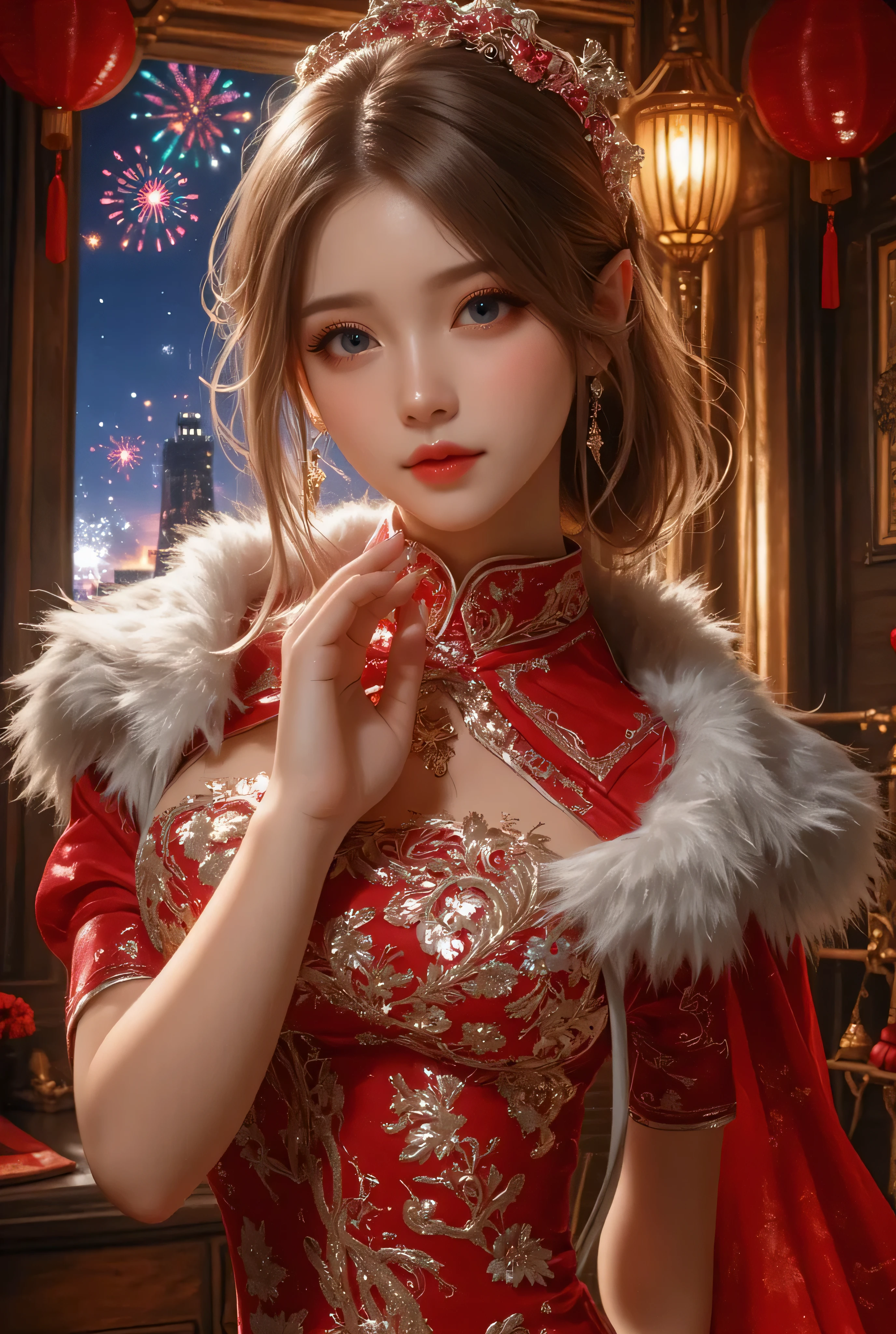 Cat ears、 face up, attractive, pretty girl, ponytail、few beautiful lady hair decorations, (( fine facial features , eroticism)), dramatic lighting , realistic , 8k, Dramatic Shadows , intricate and elaborate patterns , super detailed photo , chiaroscuro lighting , Pleasant colors , deep contrast , super real 、 pink lipstick、 warm room、Vintage Fireplace 、 cinematic composition、Close-up of face, pretty half part transparent open shoulder loose outfits dress, tang style, A beautiful Korean idol wearing a one piece red-green-blue-black-silver-gold tightly cheongsam with phoenix and intricate floral golden embroidery, golden and silver outline on dress, shining gems and jewelry, standing gracefully in a room filled with traditional Chinese New Year decorations. The room features vibrant red lanterns, decorative calligraphy scrolls, a small Chinese orange tree with golden ornaments, and several red envelopes scattered across the floor and hanging from the tree. Adorable, playful cats are part of the scene—some sitting near the tree, others curiously pawing at the red envelopes or lounging around. Through a window or an open door in the background, vibrant Chinese fireworks light up the night sky in an array of reds, golds, and blues, casting a magical glow into the room. The idol’s outfit is paired with subtle accessories like red hairpins or earrings, complementing the festive look. The atmosphere is warm and lively, filled with the joyful essence of the celebration, enhanced by the shimmering lights of the fireworks and the lively decor. blue lights, 1girl,