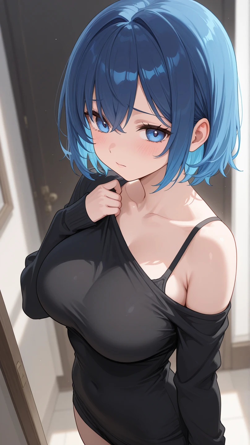 high quality,Black Hair、、short hair、Blue inner hair color mesh、Piercings in both ears、Neutral Facial Features、Wear black clothes