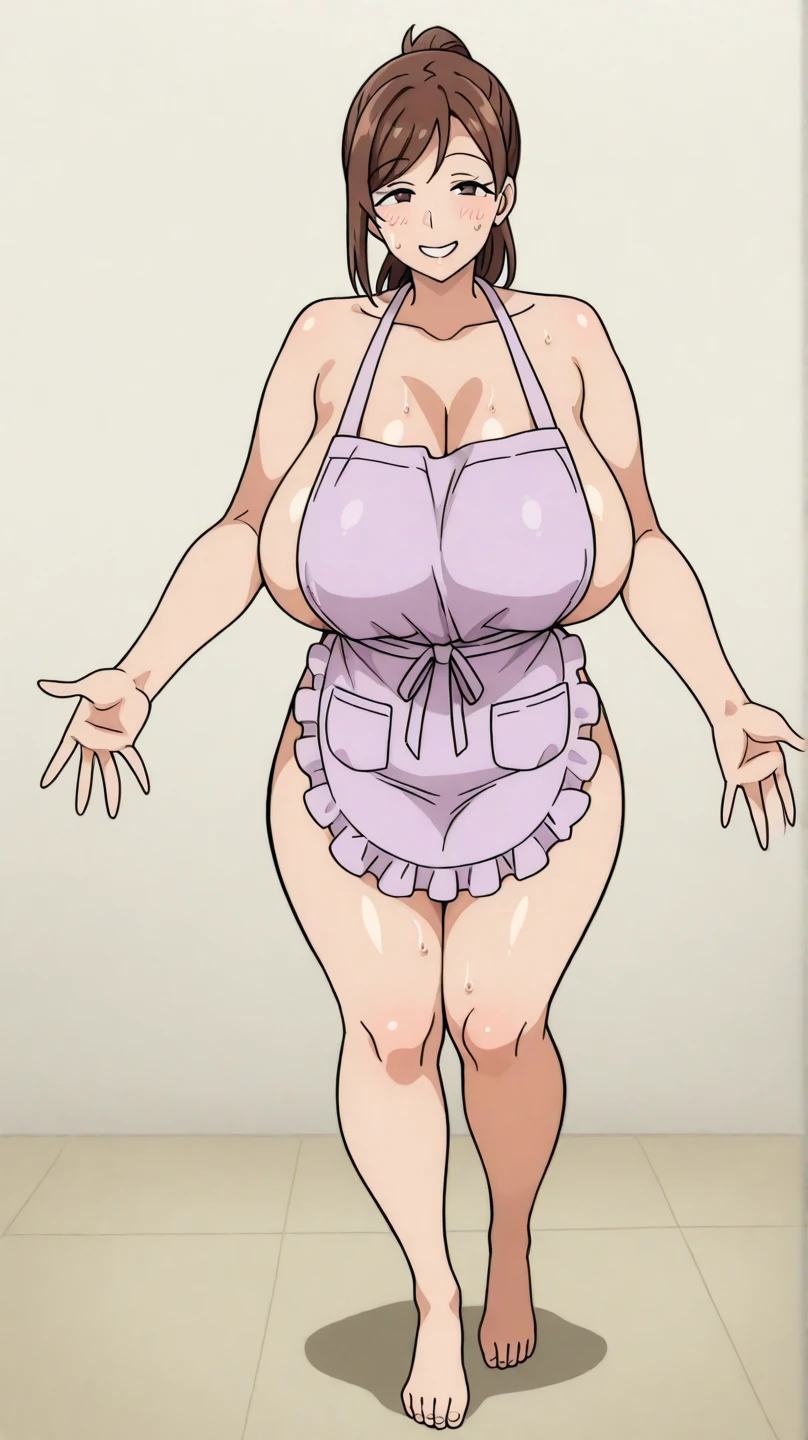 (Masterpiece, best quality, lightweight), a mother, beautiful, standing in front of the viewer, smiling, super , super , , wearing a short woven apron, full body, sweating, arms spread behind