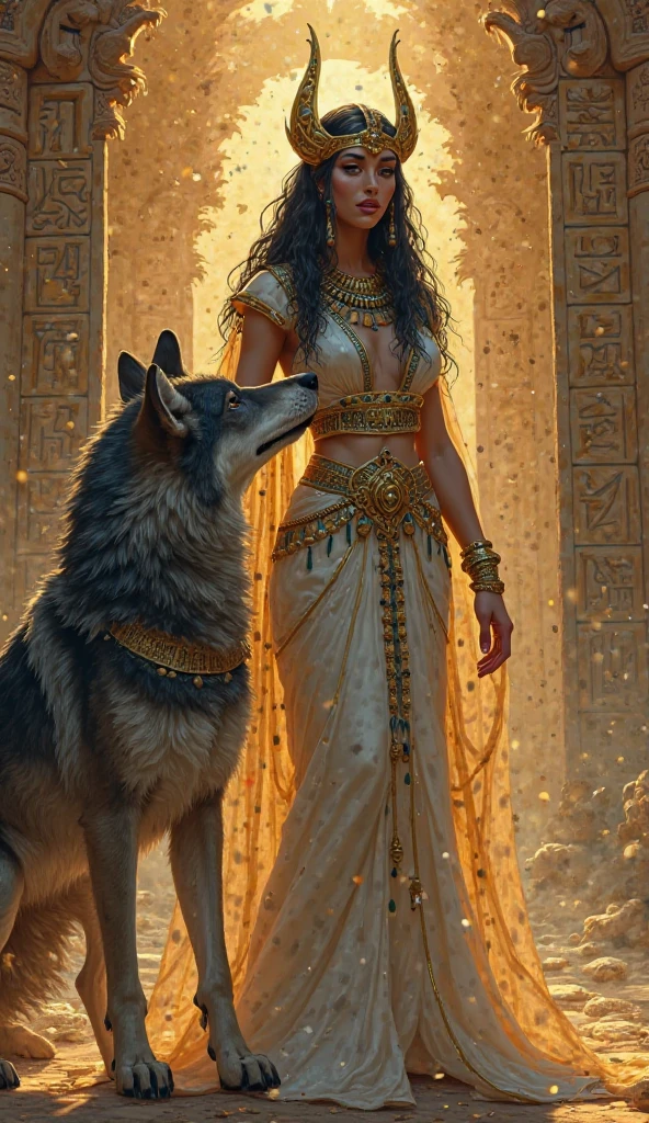 Black wolf with glowing eyes next to Queen Cleopatra with gold in a landscape of wealth 
