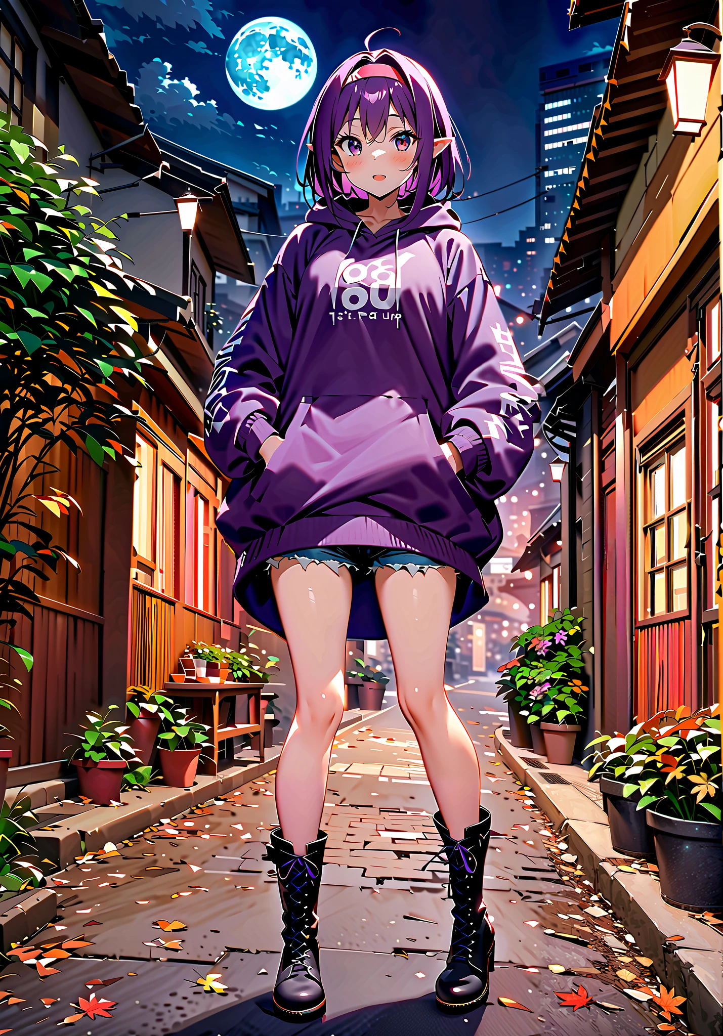 1girl, short purple hair, red eyes, wearing plain black NADS hoodie, frills shorts, city, absurdres, high res, ultrasharp, 8K, masterpiece, looking at viewer, full body
