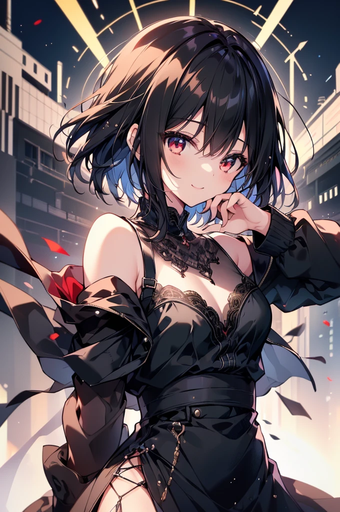 realistic image, coherent image, detailed image, 1 beautiful girl. she has short, by white. her eyes are blue, long eyelashes. Her face is oval and delicate., smiling. She wears a long sleeve, bare shoulders, Top con bare shoulders, Pleated mini skirt, and mid-thigh stockings. she has a curvy body, medium breasts, thick thighs. pose sexy. destroyed buildings background, surrounded by nature, natural lighting, volumetric lighting,