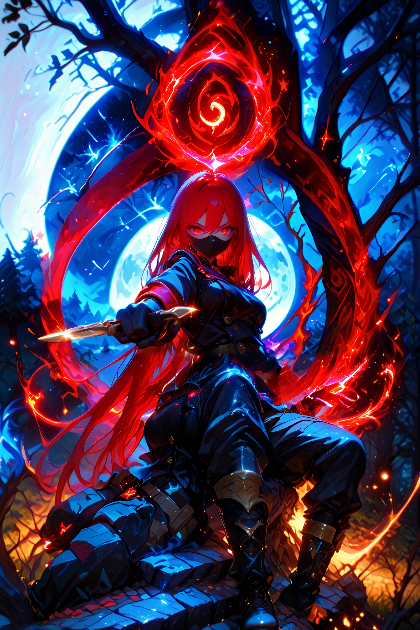 (masterpiece, best quality), amazing quality, very aesthetic, absurdres, newest, HDR, 8K, high detail RAW color art, gacha splash art, 1girl, Shana Ryu, red eyes, red hair, very long hair, medium breasts, curvy, beautiful, cool, sexy, black jacket, gloves, mask, black cargo pants, combat boots, solo, dynamic pose, dramatic dagger pose, badass pose, holding great dagger, cool posing, surreal, white background, magical, fantasy, magic, glittering, glow, chromatic aberration, glowing particles, sitting in a tree, moon, night,