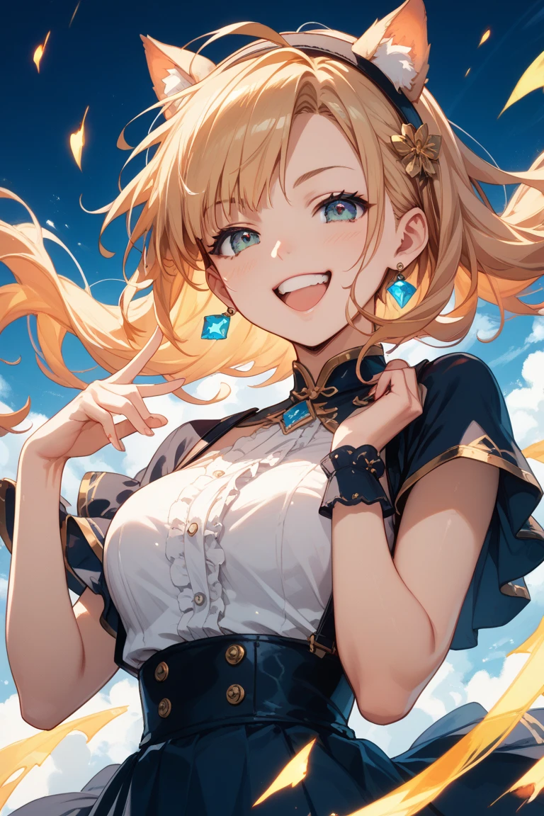 (pretty:1.5), magical princess, (adult), striking image, artistic composition, emotional, active, motion, particles,masterpiece,highest quality,1girl,(close up), magical, beautiful dress, sparkles, starburst effect, motion blur, field of view, dramatic angle, (golden hair:1.1), 1girl, wolf ears, intricate bra:0.8,moderate breast, (ayaka:1.2), cleavage:0.8, (canine tooth:0.4), resting under tree, back rest on tree's trunk, sweaty, fullfiled smile, open mouth