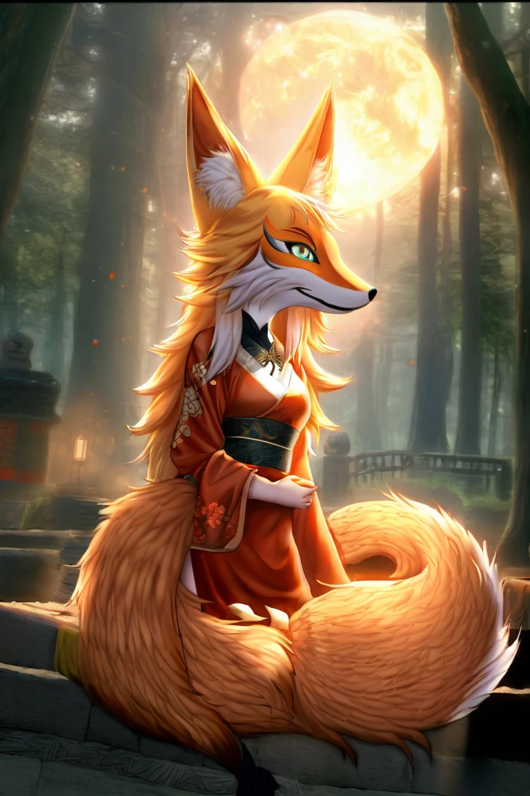 Red vixen girl antro, smile, friendly smile, heart, furry, yellow eyes, long hair, red hair, beautiful hair, beautiful, sexy, long foxy snout, add high definition_detail:1, red fur, kitsune ears, tribal tattoo add_detail:1, sexy yukata, wearing yukata, thigh highs, sensual pose, side view, crouching, in a forest, night, elegant