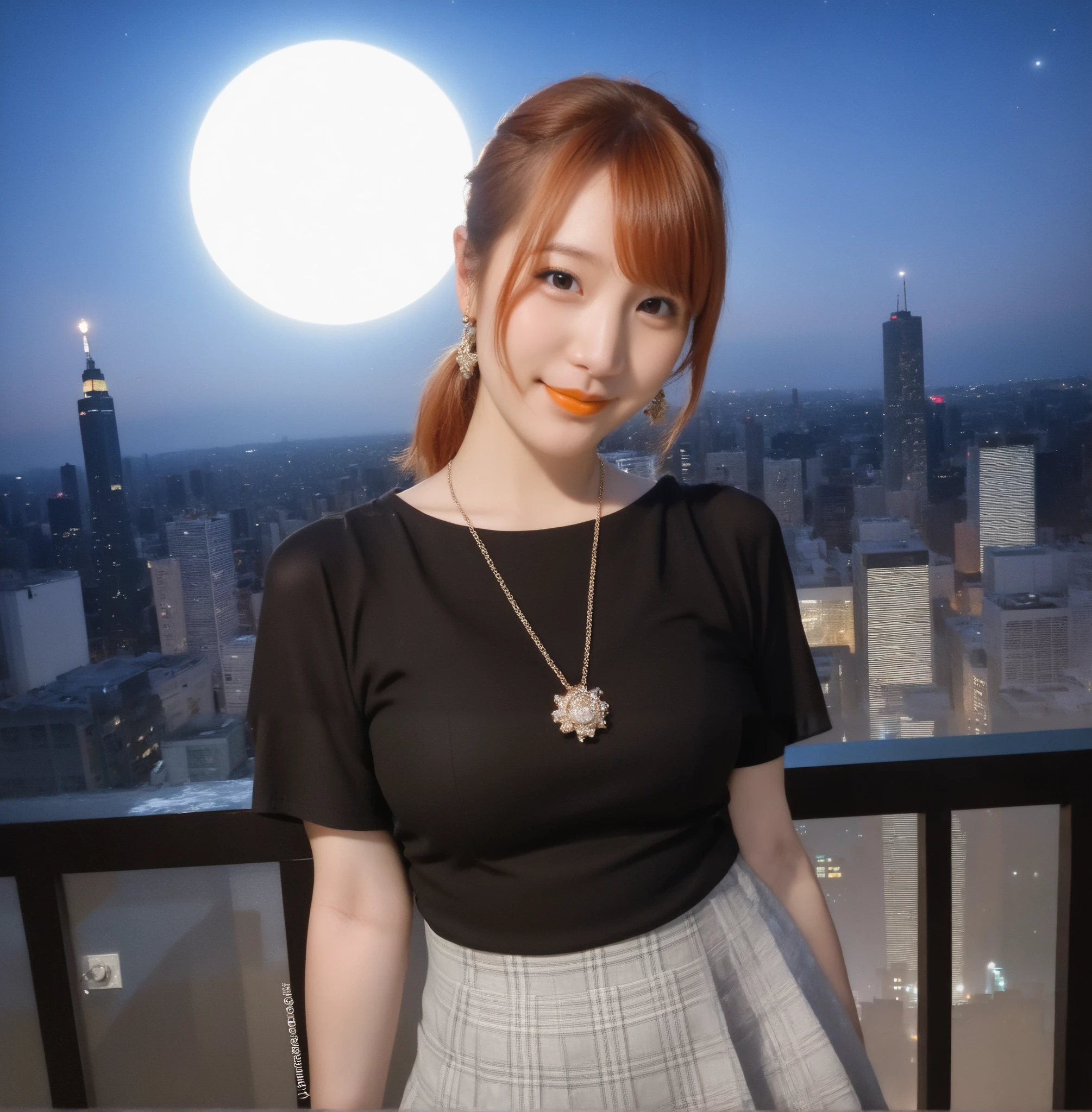 mix 4,(8k, RAW photo, best quality, master:1.2), (realistic, photo-realistic:1.37),1 girl,cute,cityscape of Shumigaoka, Night , full moon, clear night sky professional lighting,photon mapping,radiosity,Physically Based Rendering ,orange hair 1:3 Japanese beauty 18 years old short ponytail big breasts, big 1:2, cute and big eyes,high nose small mouth long eyelashes double eyelids Natural Makeup Orange lipstick, thin body shapes black blouse plaid mini skirt earrings,necklace Touching your hair