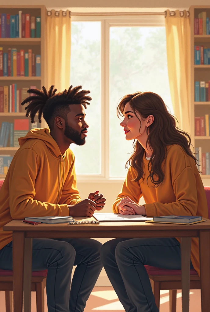 Portrait of a beautiful interracial couple in college, classroom, students talking to each other, classroom seats, romantic, inviting, cozy, 8k uhd, octane rendering, 4k, HDR, dynamic lighting