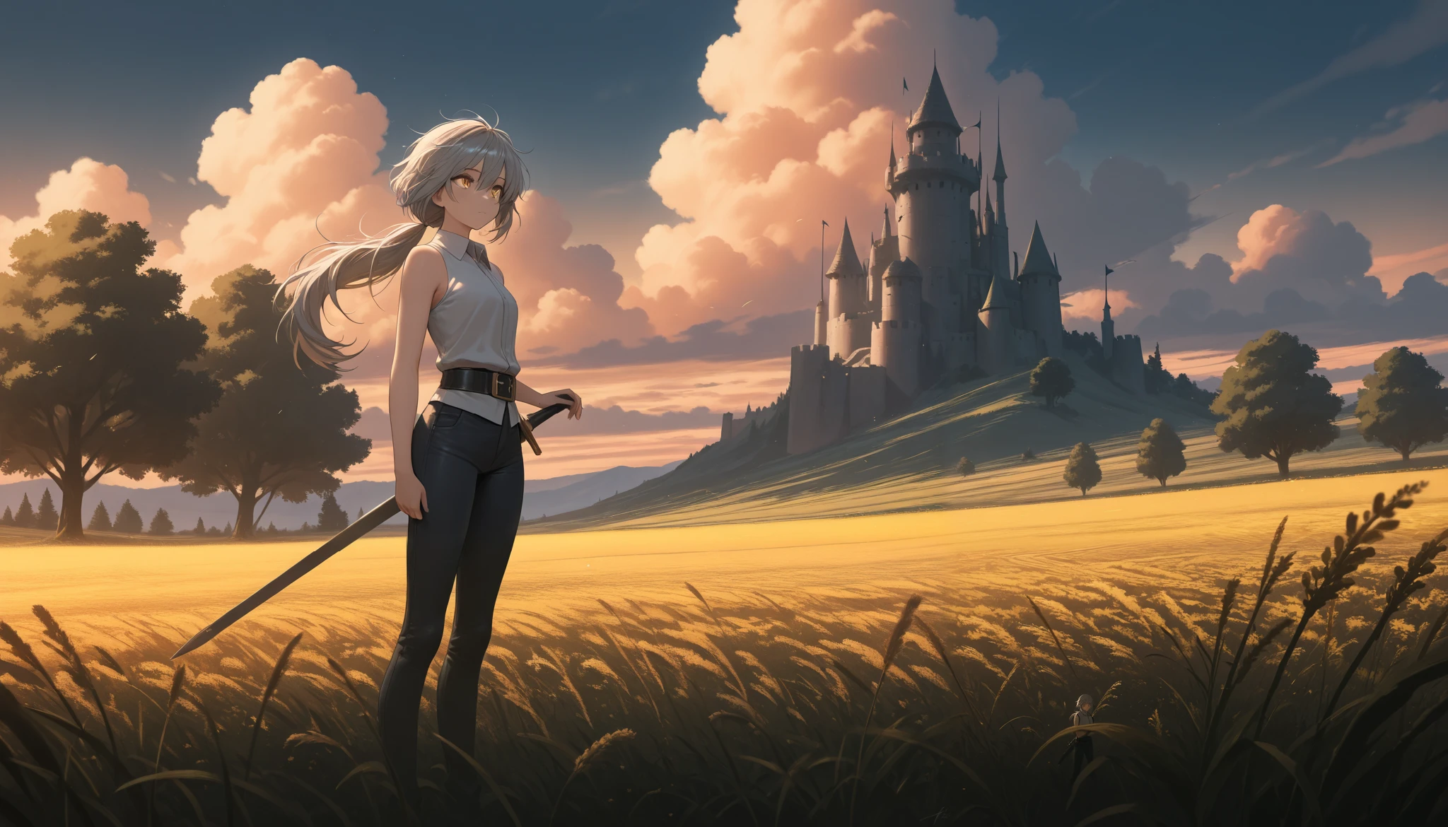 (masterpiece:1.2, Best Quality), (finely detailed beautiful eye: 1.2), (beautiful detailed face), thin , messy hair, yellow eyes , long hair , gray hair , low ponytail , light skin , yellow eyes , gray collared shirt , sleeveless shirt , black jeans , thin legs , thin thighs , swordbelt , sword sheathe , sword pommel, field, tall weeds, few stars, trees, distant castle, dusk, thunderhead clouds,