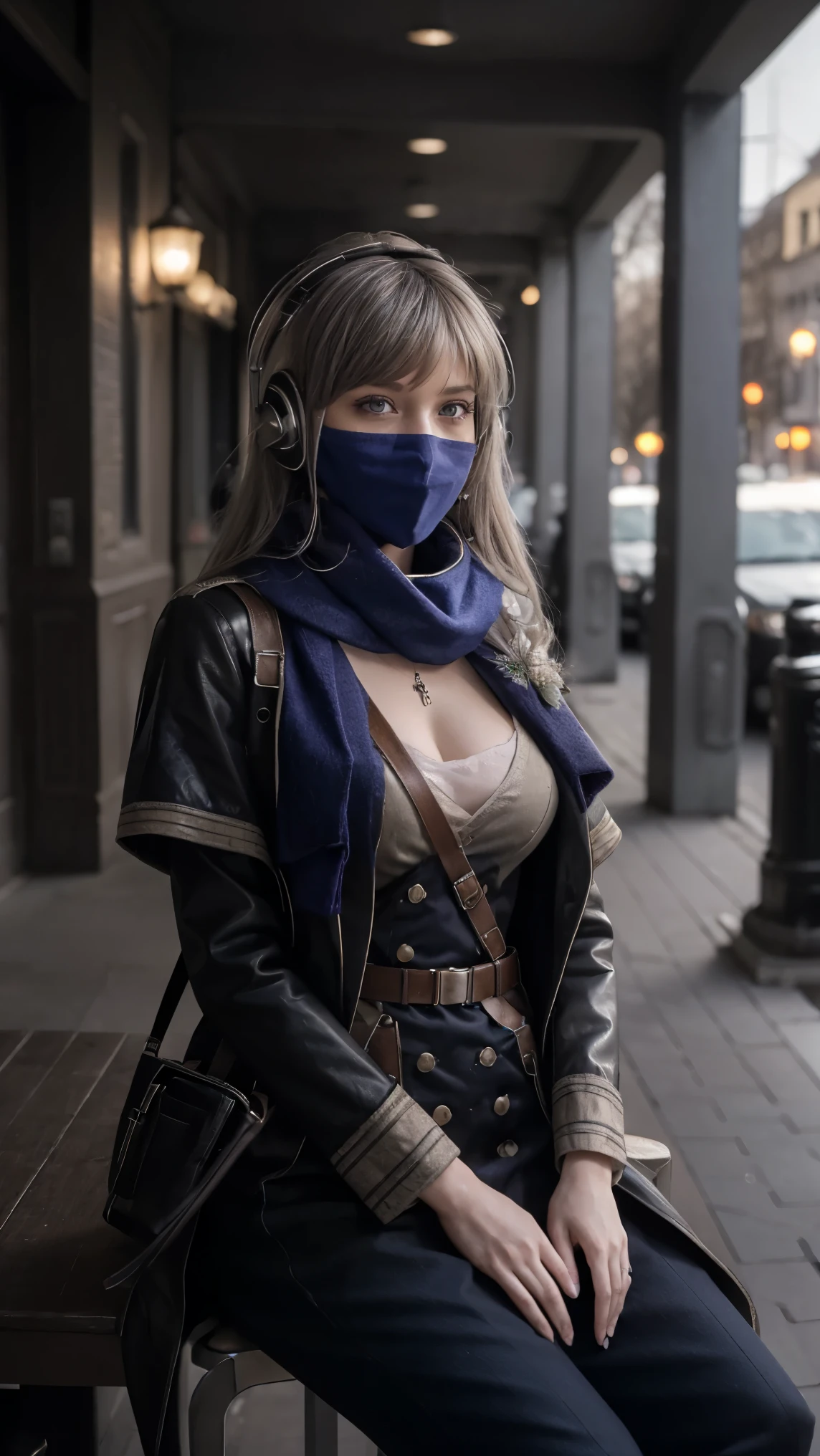 masterpiece, best quality, 1girl, solo, Bkornblume, headphones, solo, blue scarf, latex coat, pussy, observing, interrogation, black dress, black gloves, grey hair, holster gun, black coat dress, long sleeves, gloves, blushing, cafe, smile, full body, information, german girl, boots, sitting, opened breasts, die stasi spy, cafe background, pantyhose, heels, holsters, coat buttons, knee, ((Berlin Street background)), misty background, Germany stasi, breasts, blue stocking, bkornblume, using cellphone telephone, buildinggs stasi, indoor, giving information intelligence, confidential document papers, (((face close-up)), (blue neck blue mask), intelligence stasi spy