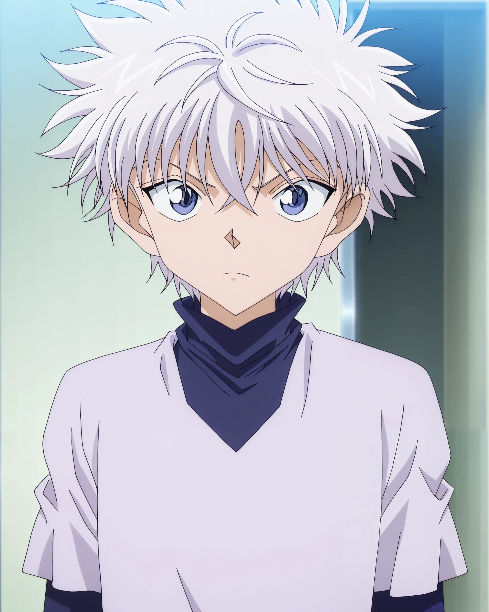 masterpiece, best quality, , anime screencap, anime coloring, , , , 1boy, solo, male focus, killua_zoldyck, white hair, blue eyes, short hair, spiked hair, bangs, messy hair, ,