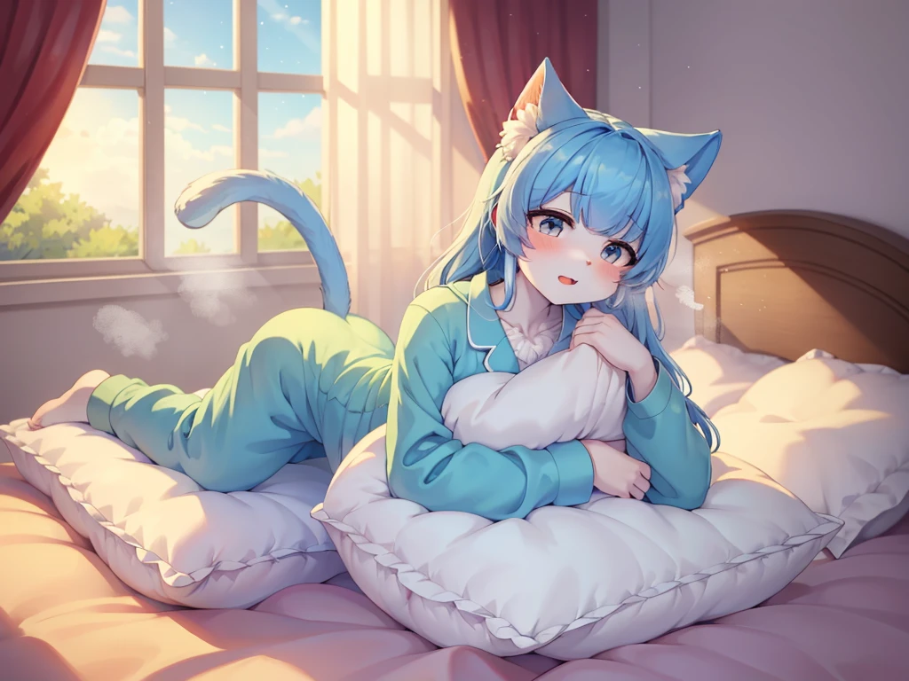 ((Best quality)), ((masterpiece)), (detailed), 1 anime girl, light blue hair, light blue eyes, lying in bed, white sweatshirt, lying on his stomach, looks at the camera, White background, perfect hands, cat's ears. stockings, long hair. perfect legs