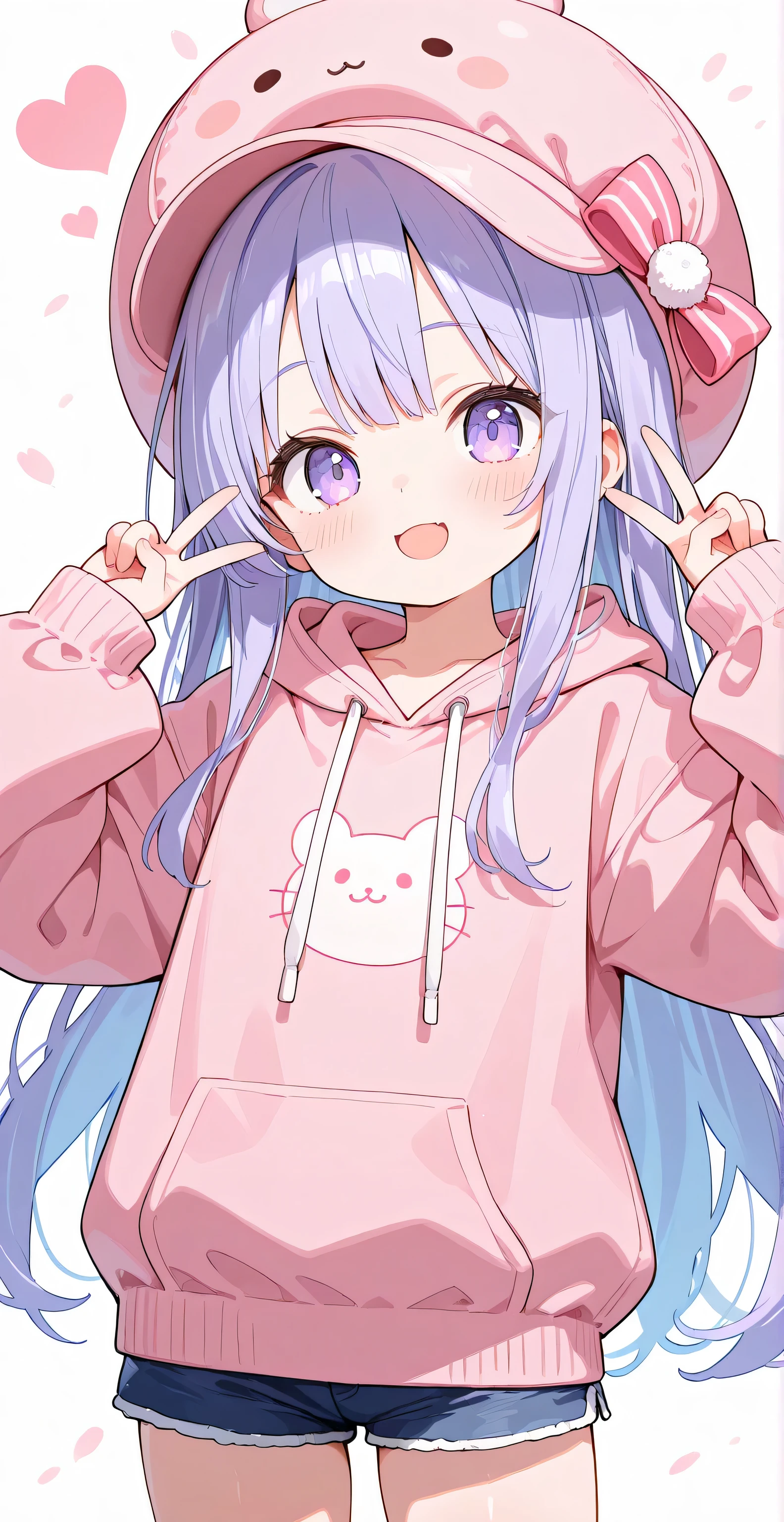 , solo, kawaii, big round cap, oversized hoodie, short pants, long hair,
