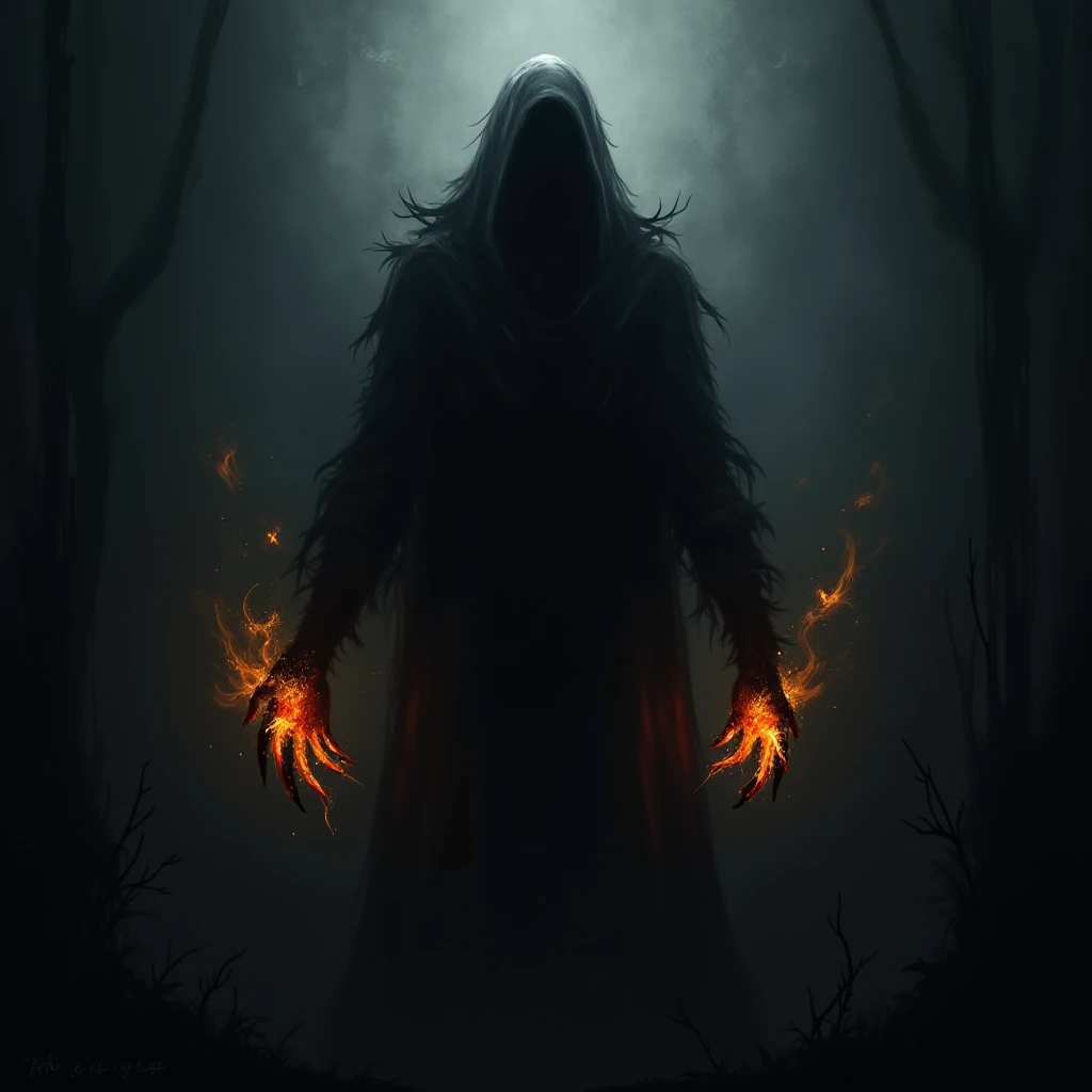 An evil red-eyed shadow with the letter Y and the number 7 of blue fire in its hands