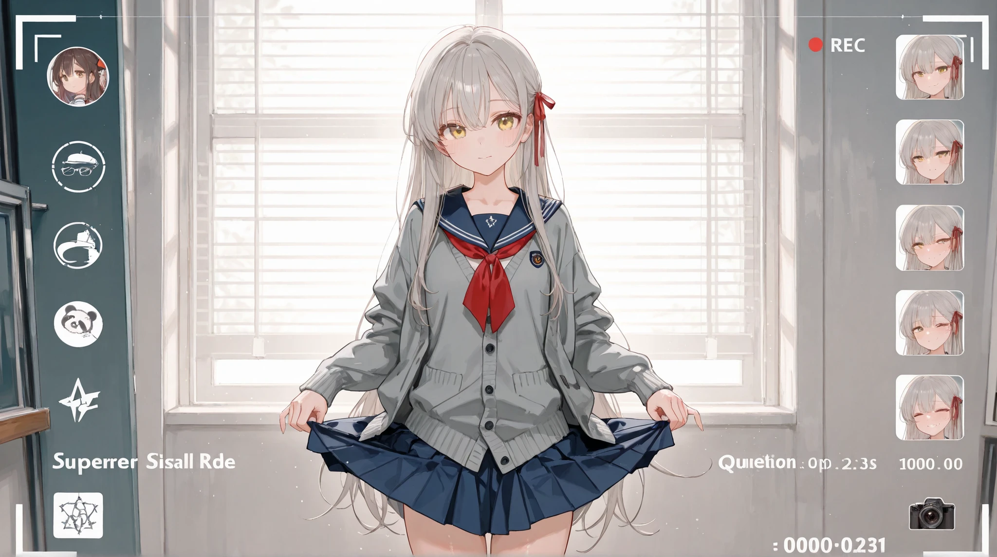 8k (high resolution) (Super Detail) (masterpiece) (best quality) detailed eyes detailed face detailed hands Delicate hair detailed wrinkles on clothes very elaborate body fine skin Healthy skin tone solo s (has a young face) yellow eyes Grey long hair red ribbon on the side of the head ( small ) flushed cheeks Embarrassing Expressions sailor suit grey cardigan navy blue miniskirt Hold the camera Ride a panda see here composition from an oblique bottom