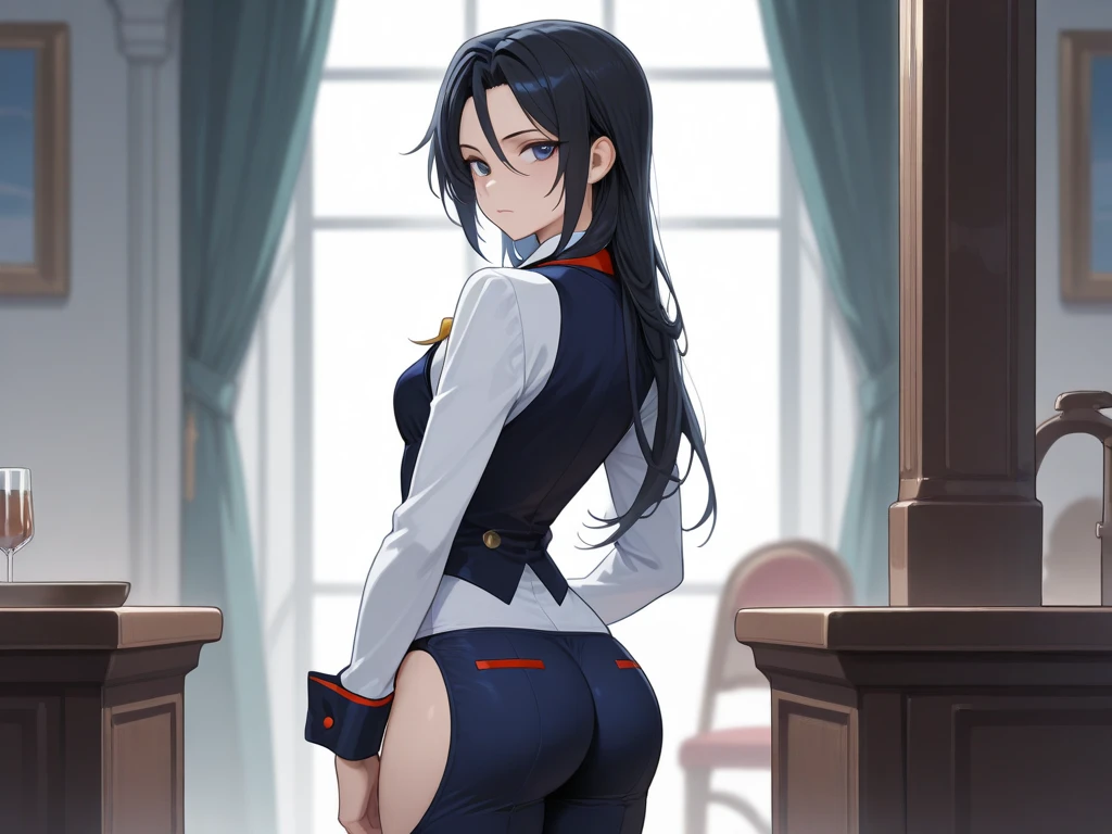 masterpiece, ultra high quality CG, best quality, perfect picture, solo, Laura S. Arseid (long dark blue hair, ponytail and Bang side, avarege breasts), wearing BLUE panties and red jacket, back, back Photo, Nice ass
