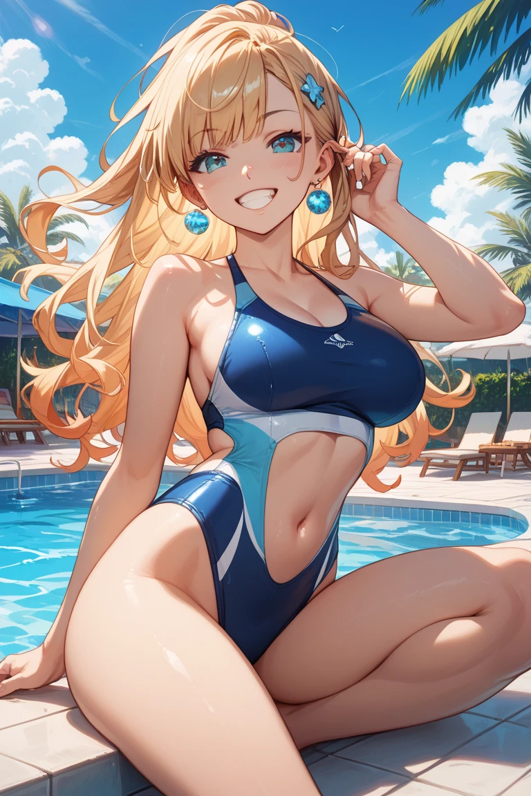 masutepiece, 1womanl, ((Solo)), of the highest quality, Hi-Res, cleavage, ((Star print one-piece white swimsuit)), Large breasts, Red Eyes, blond  hair , in poolside, light smile