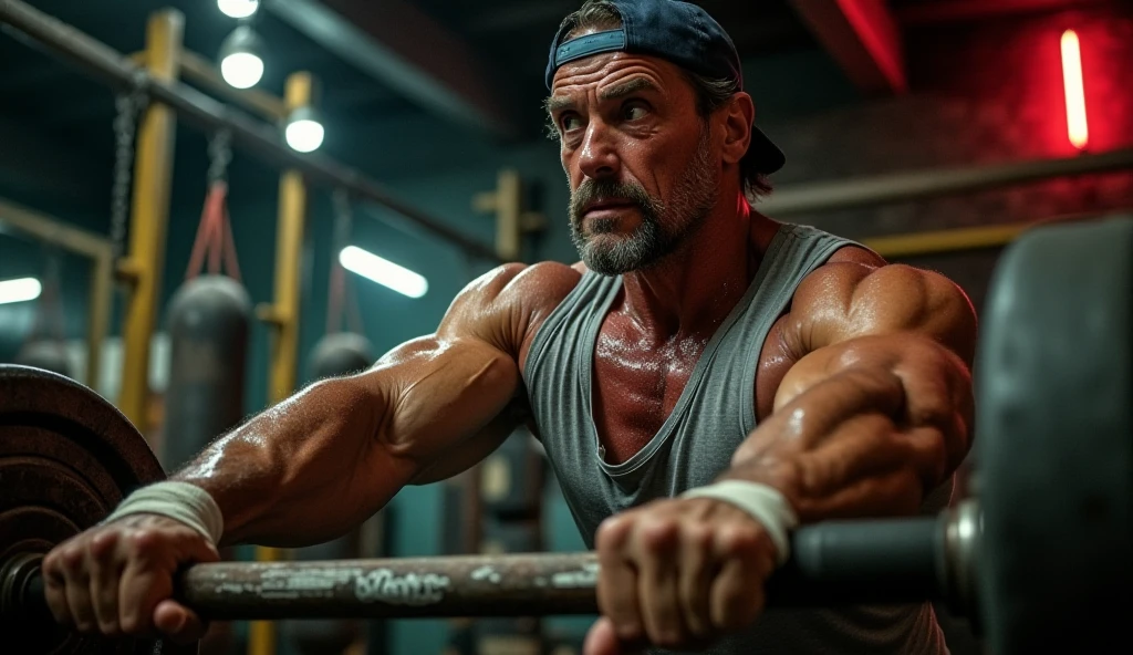 Le Beau mec à la salle de gym avec une paire d'althére en main sur un lit d'exercice