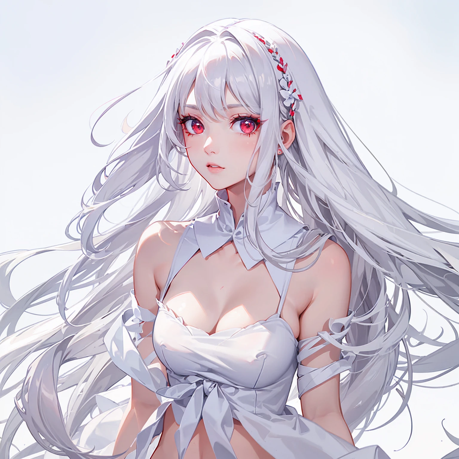 Character design, female, long white hair, wearing a short white lace dress with spaghetti straps, red eyes, small frame, very skinny, detailed, best quality, no accesoires around the neck, prominent collarbones, skinny arms, flat stomach