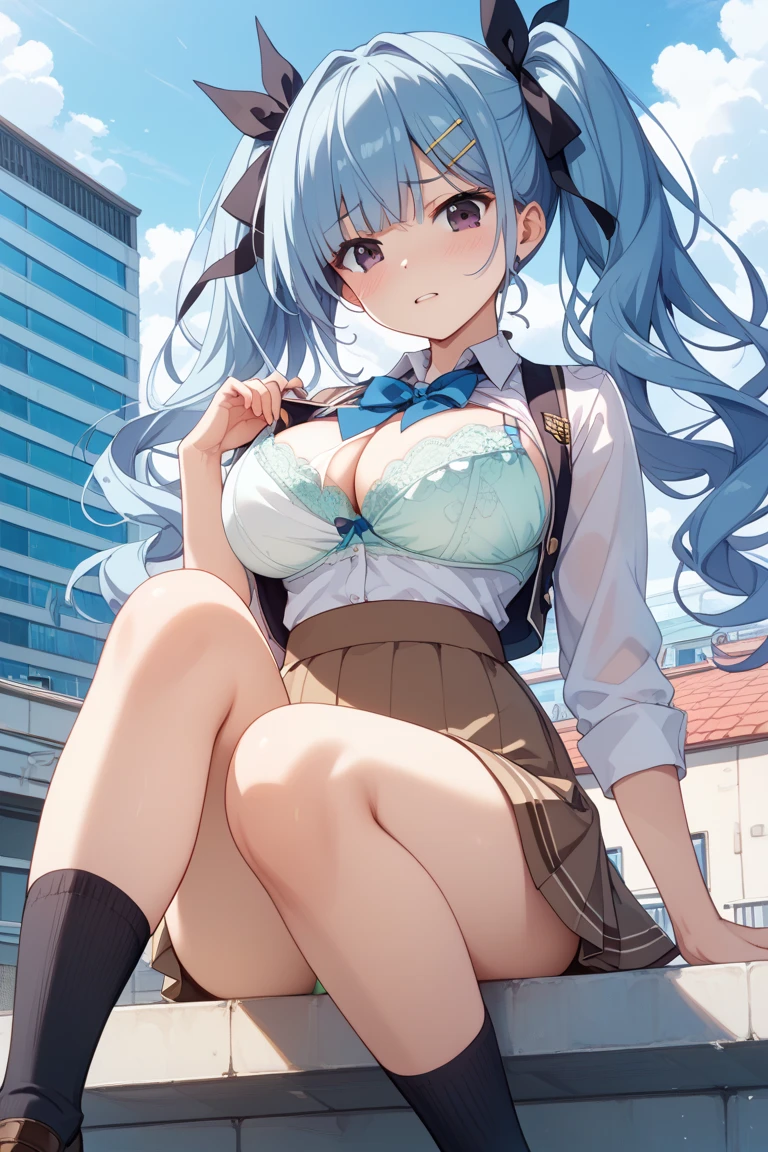 (8K、Highest quality、highest quality、masterpiece)、Detailed face、One girl、ONE boy、Rem from Re:Zero、Light blue hair 、short hair、twintails、blunt bangs、Grey Eyes、、、((Blazer jacket uniform))、((Pleated skirt))、((No panties))、((bent over))、Back Alley Background、Very large breasts、Nipples are visible、、Black Pantyhose、Milk dripping from nipples、Milk spurting from the nipple、、Open your mouth、Troubled face、Love juice from the genitals、Full body portrait、Walking around the city、One man、Hearts in the eyes、sex、vibrator in thighhighs、Pantyhose with holes