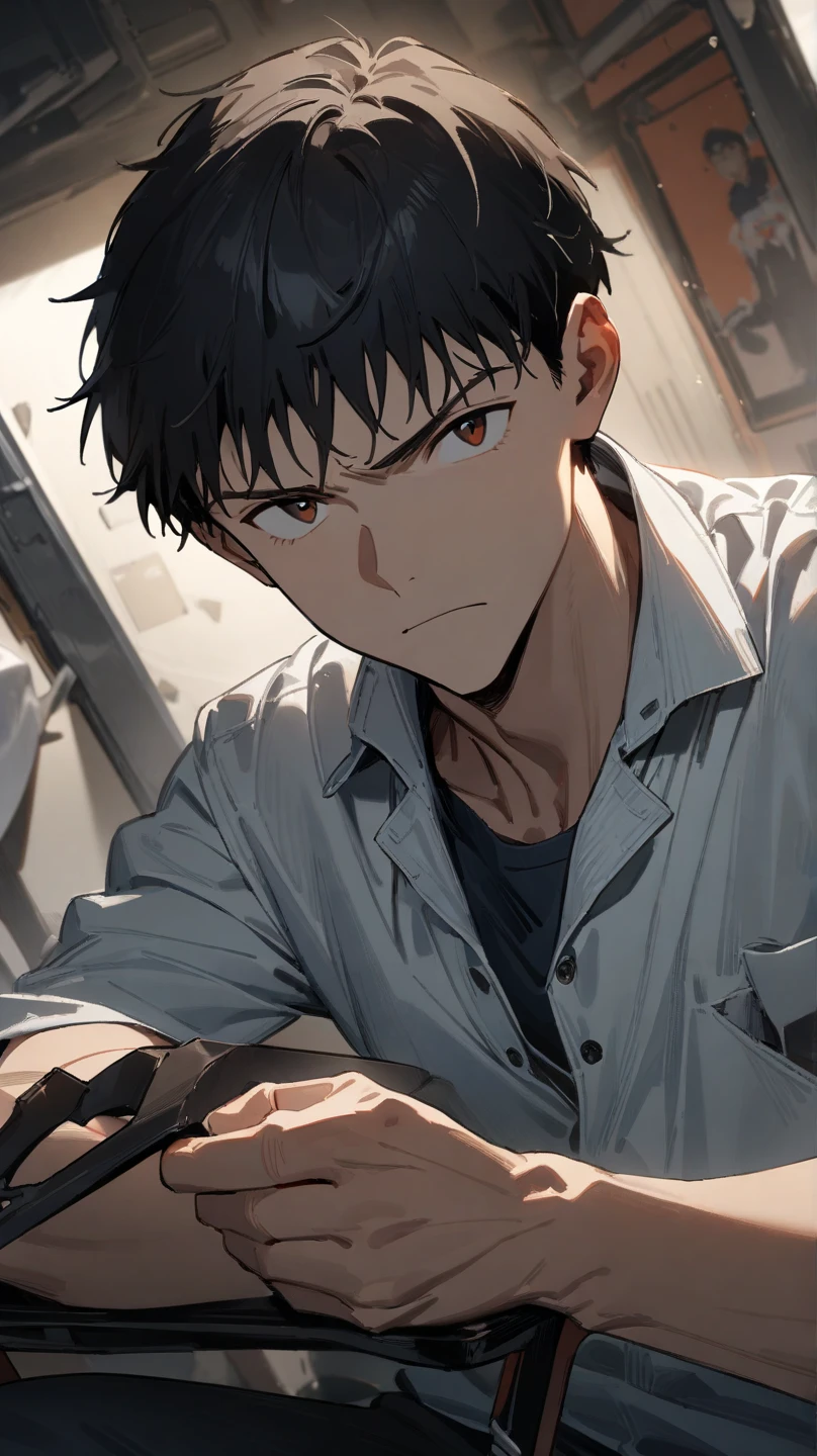 1boy, 16 years old, smile, black hair, golden eyes, short hair, white shirt, black pants, blood, solo, spectator look, upper body, sky, (masterpiece:1.2, best quality)