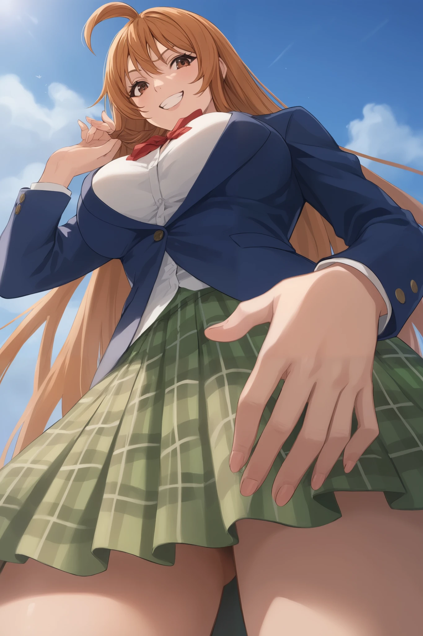 best quality,masterpiece,looking at viewer,absurdres,1girl,score_9,score_8_up,score_7_up,source_anime BREAK natsume aya,orange hair,long hair,brown eyes,ahoge,breasts,white ,skirt,bow,plaid,large breasts,jacket, plaid, green plaid skirt, blue blazer, evil smile, giantess, front below, looking down