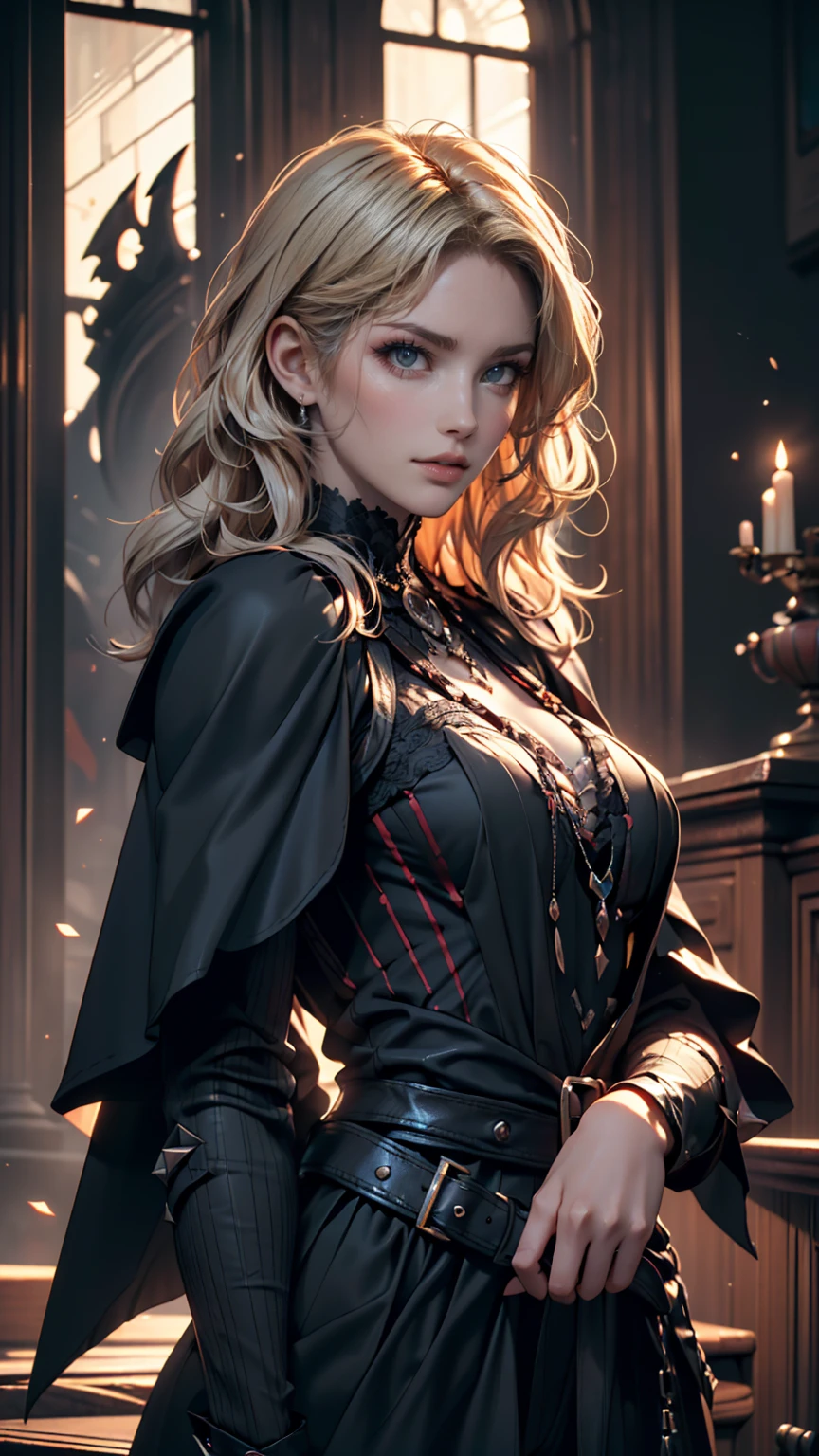 a girl in a gothic castle, elegant vampire woman with pale skin, long wavy black hair, red glowing eyes, dark gothic dress with silver details, athletic blonde girl, ancient mysterious castle, dramatic lighting, (best quality,4k,8k,highres,masterpiece:1.2),ultra-detailed,(realistic,photorealistic,photo-realistic:1.37),hyper detailed, intricate details, cinematic, vibrant colors, dramatic atmosphere
