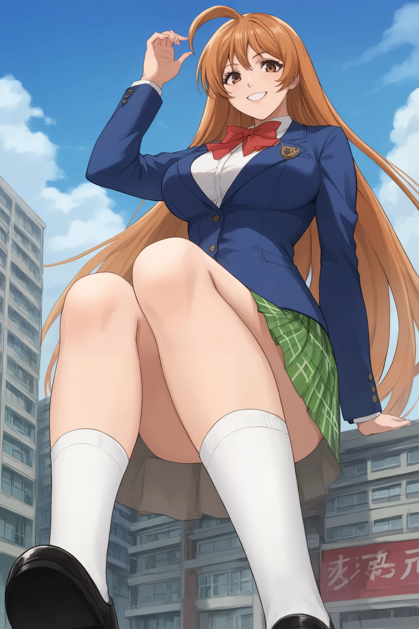best quality,masterpiece,looking at viewer,absurdres,1girl,score_9,score_8_up,score_7_up,source_anime BREAK natsume aya,orange hair,long hair,brown eyes,ahoge,breasts,white ,skirt,bow,plaid,large breasts,jacket, plaid, green plaid skirt, blue blazer, evil smile, white socks, black shoes, giantess, front below, looking down
