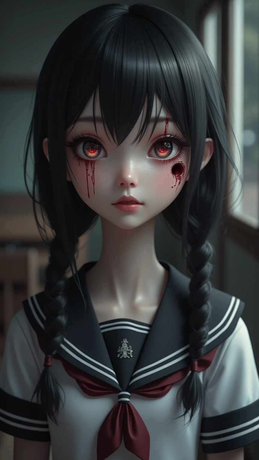 Child, girl, in a dirty white dress, stained with blood, blue eyes, anime art, masterpiece, realistic, over-detailed, professional quality