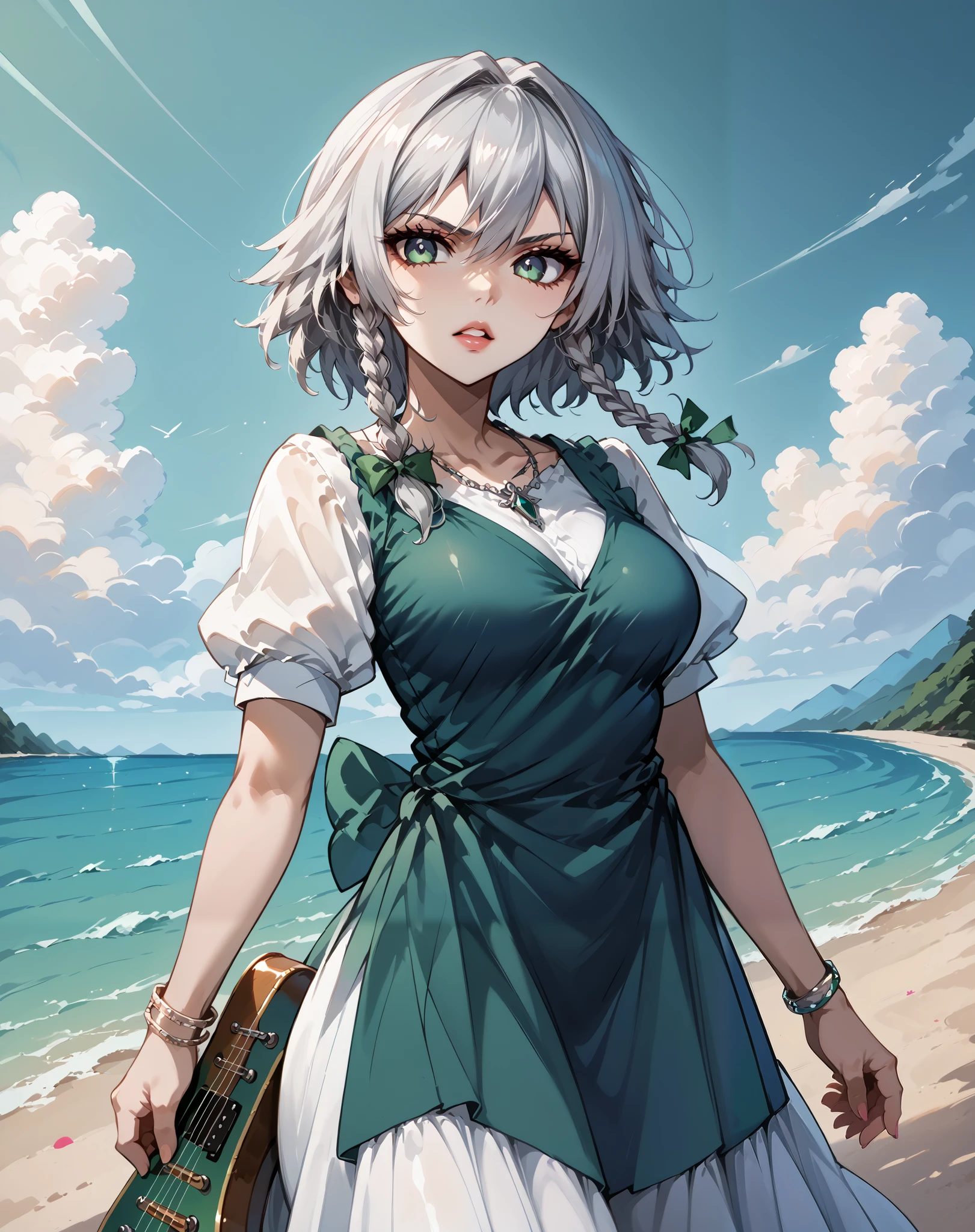 score_9, score_8_up, score_7_up, source_anime, 4K,perfect fingers,(perfect hands, perfect anatomy),prefect lighting, very aesthetic, intricate details,highly detailed background, masterpiece, high quality, best quality,
1girl,solo, izayoi_sakuya,silver hair, twin_braids ,Large Breast,
wearing ((dress, Bracelet, )) ,,
Electric Guitar, beach, tattoo,looking at viewer, open mouth, parted lips, teeth, lips, mildly annoyed face, tilted head,