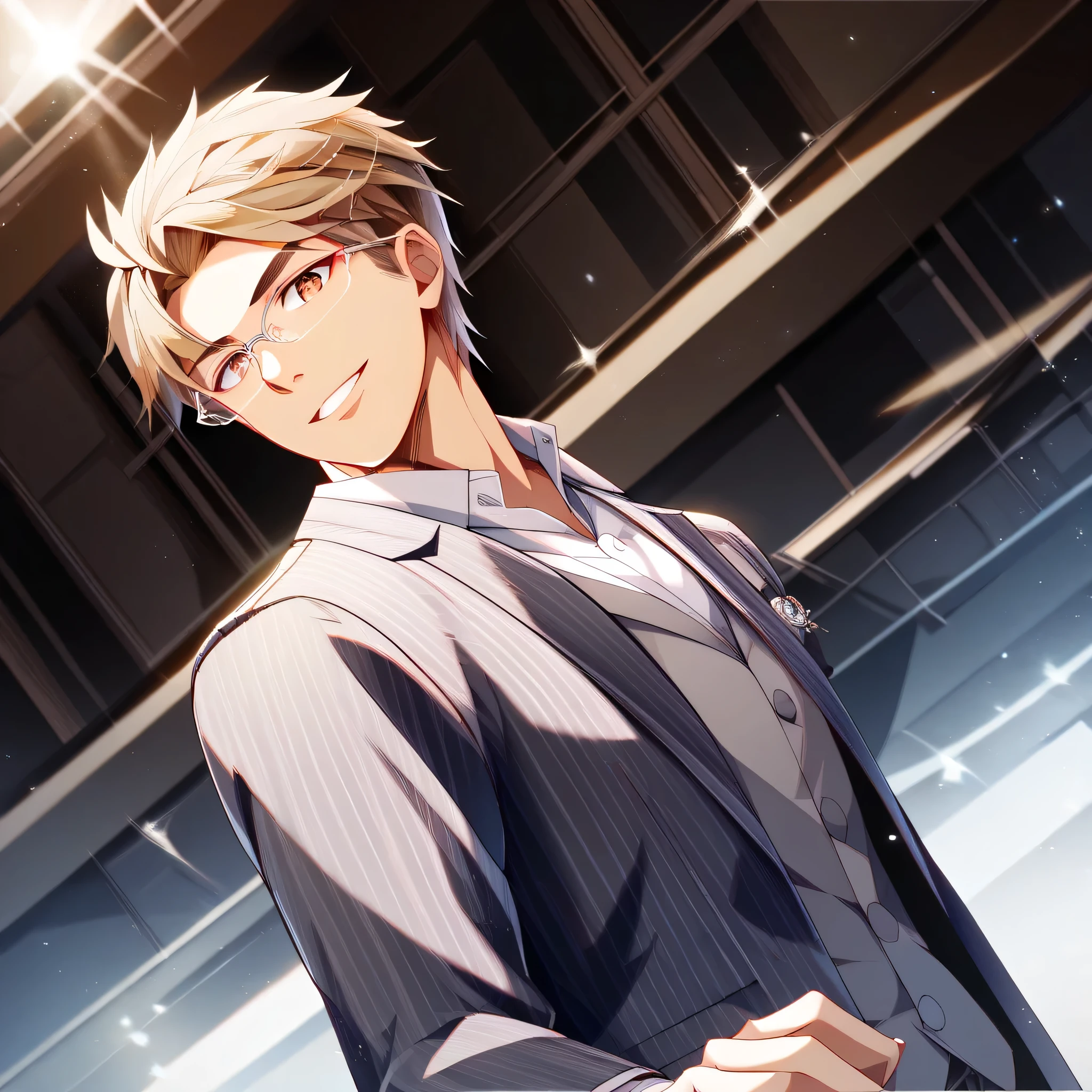 A man in a beautiful suit walking through New York at night、30-year-old male、Have a gentlemanly demeanor、Man with shoulder-length hair、Beautiful illustration with light brown hair blowing in the wind、 beautiful brown eyes 、 Delicate Lashes、A provocative smile directed at viewers、 gray striped suit 、Light grey vest、low angle、Dutch angle、thin silver frame glasses、 Watch、walking pose、8k、masterpiece、