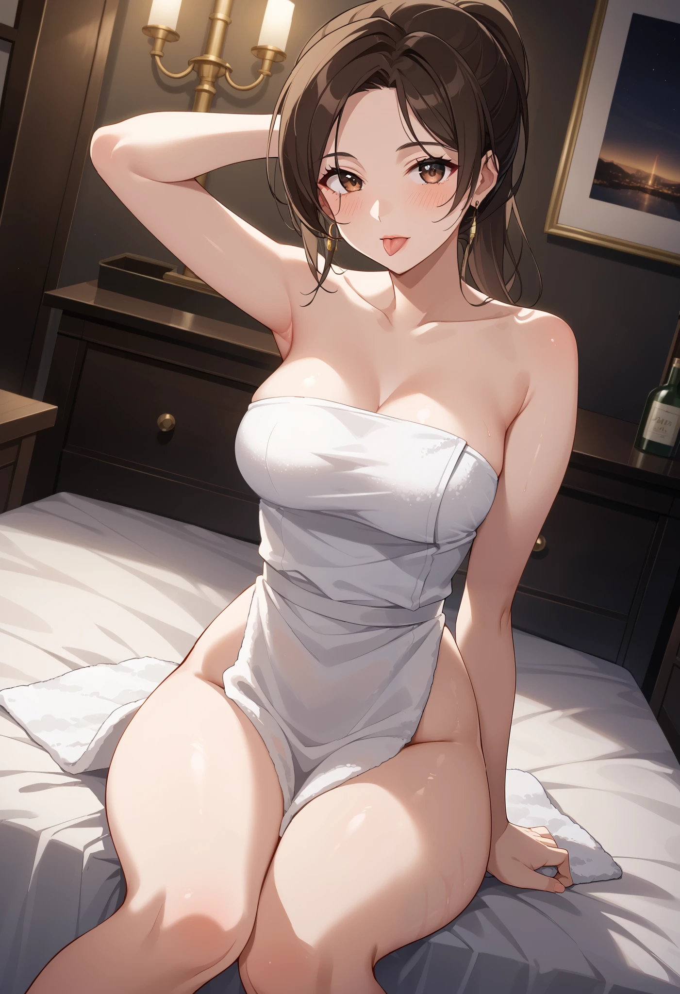 realisticlying、22-year-old girl、Real shiny face on the skin、Close-up view from the top of the bed from below、Gaze here、Open your mouth wide、Kneeling in close-up to emphasize the buttocks、Wearing a light and tight-fitting beige long dress、Emphasis on the thighs、Breasts enlarged、sexly、Face smile