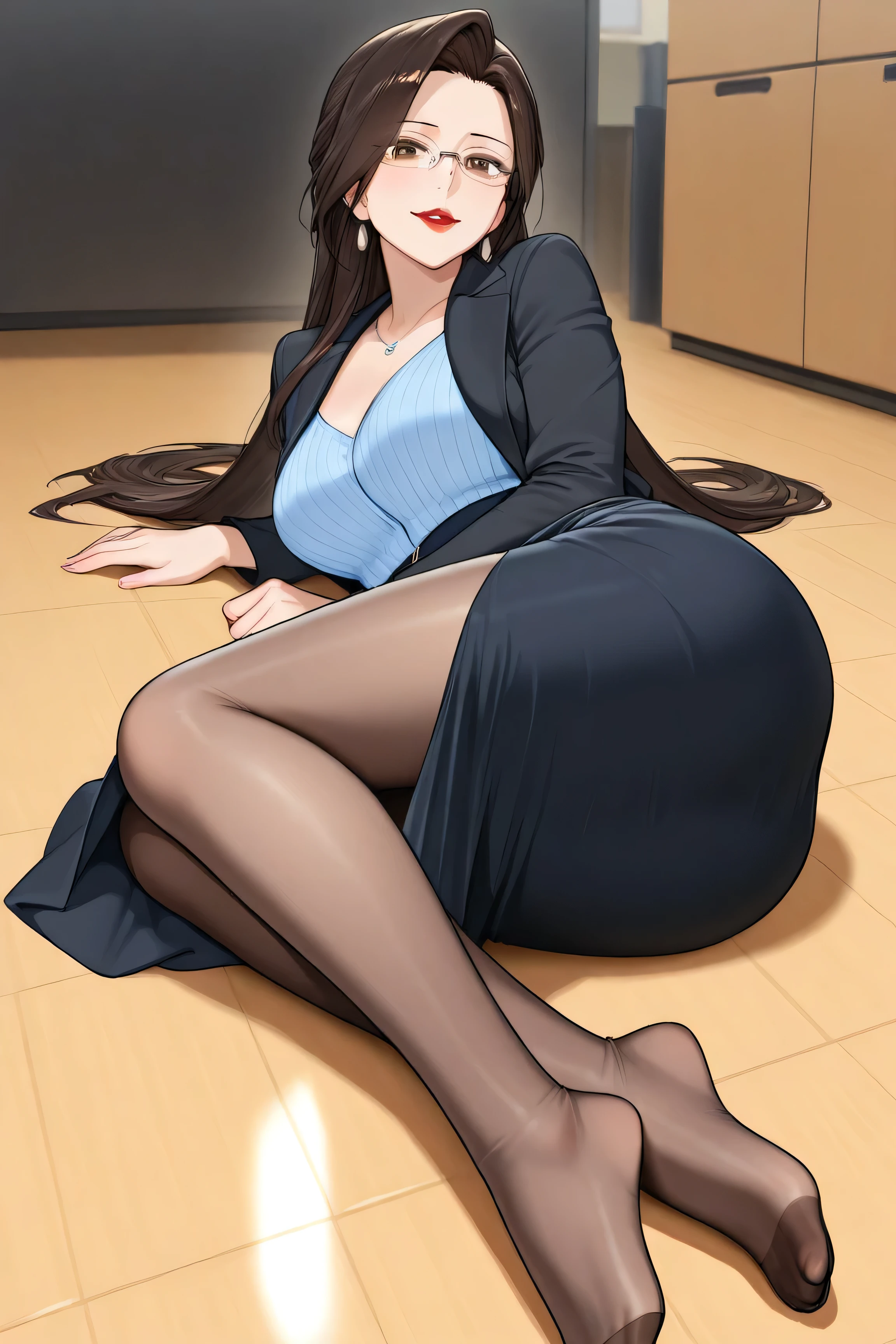 A high-flying mature teacher　tall and sexy　are wearing glasses　casual office style　brown eyes　 black straight long 　black jacket　（light blue blouse）　（black long skirt）　brown pantyhose　Pantyhose Legs　Tempted with a fearless smile　Lie down on the floor　 red lips　