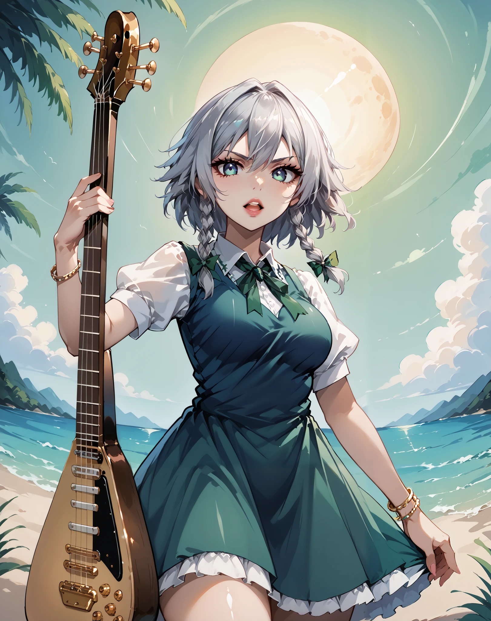 score_9, score_8_up, score_7_up, source_anime, 4K,perfect fingers,(perfect hands, perfect anatomy),prefect lighting, very aesthetic, intricate details,highly detailed background, masterpiece, high quality, best quality,
1girl,solo, izayoi_sakuya,silver hair, twin_braids ,Large Breast,
wearing ((dress, Bracelet, )) ,,
Electric Guitar, beach, tattoo,looking at viewer, open mouth, parted lips, teeth, lips, mildly annoyed face, tilted head, singing, vocalist,