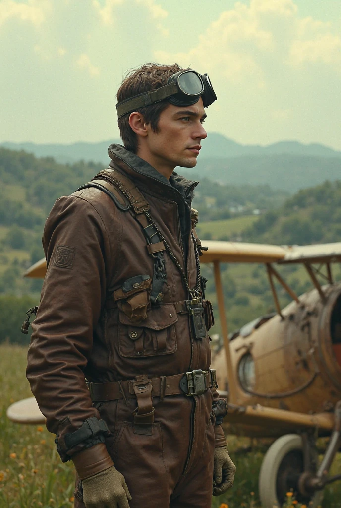 um Home Detective, Conceptual Art, Realism, Godley, Film Lighting, Multiview, Canon, UHD, High Detail, High Quality, HD, 16k,Steampunk,Handsome and slender young man,,Steampunk,Vintage Pilot Goggles,Leather Jacket,Leather Vest,Leather Pants,White Shirt,Top Hat,(Face: 1.3)Face, Detailed face, perfect eyes, serious expression, short haircut, industrial background, intricate details, natural light, correct anatomy, good composition, masculine image, manly, refreshing and clear skin texture, holding a pistol in the right hand